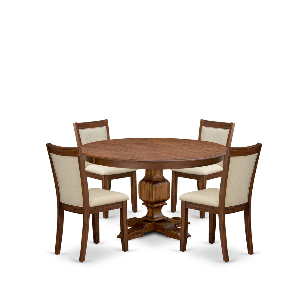 Luxe by East West Furniture F3MZ5-50N-02 5-Pc Kitchen Set Includes a Pedestal Breakfast Table and 4 Light Beige Linen Fabric Dining Room Chairs with Padded Back - Antique Walnut Finish