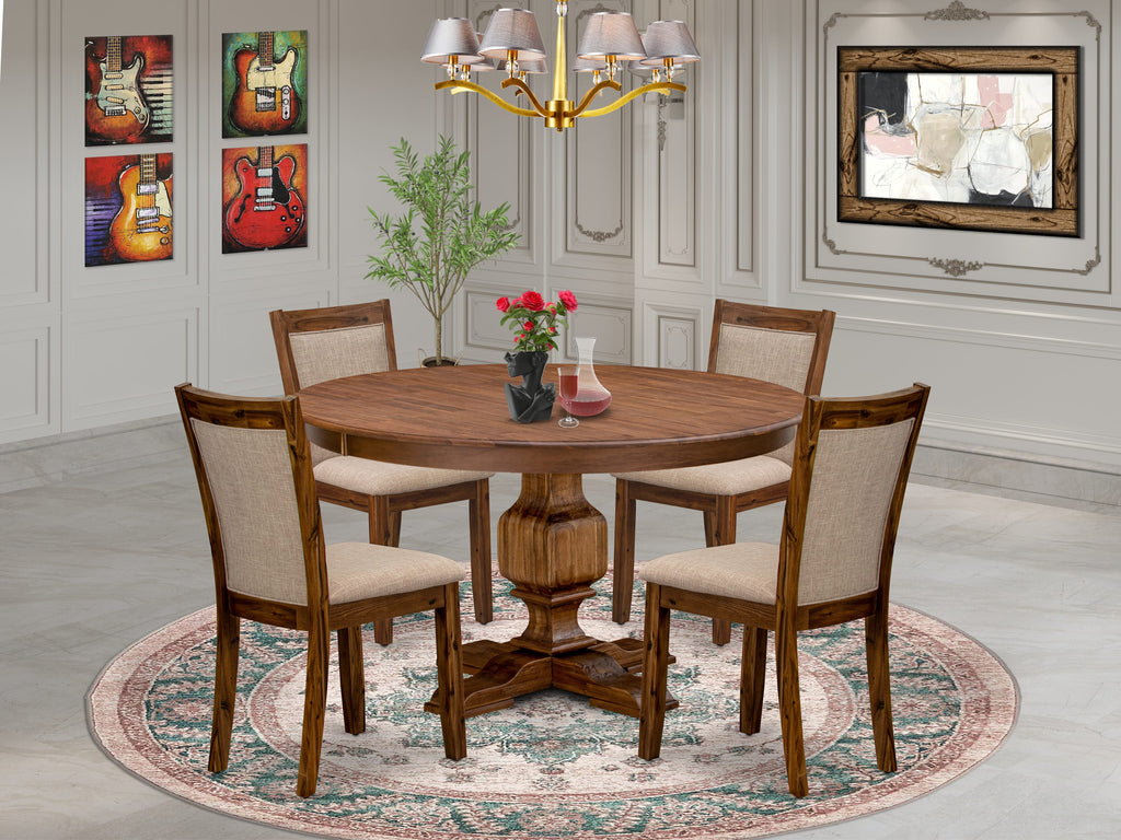 Luxe by East West Furniture F3MZ5-50N-04 5-Pc Dining Room Set consists of a Pedestal Kitchen Table and 4 Light Tan Linen Fabric Chairs with Padded Back - Antique Walnut