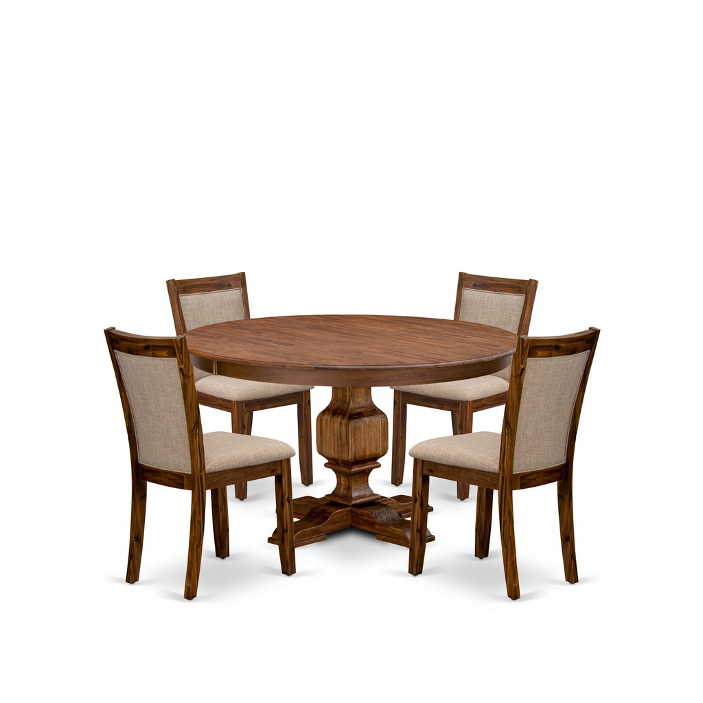 Luxe by East West Furniture F3MZ5-50N-04 5-Pc Dining Room Set consists of a Pedestal Kitchen Table and 4 Light Tan Linen Fabric Chairs with Padded Back - Antique Walnut