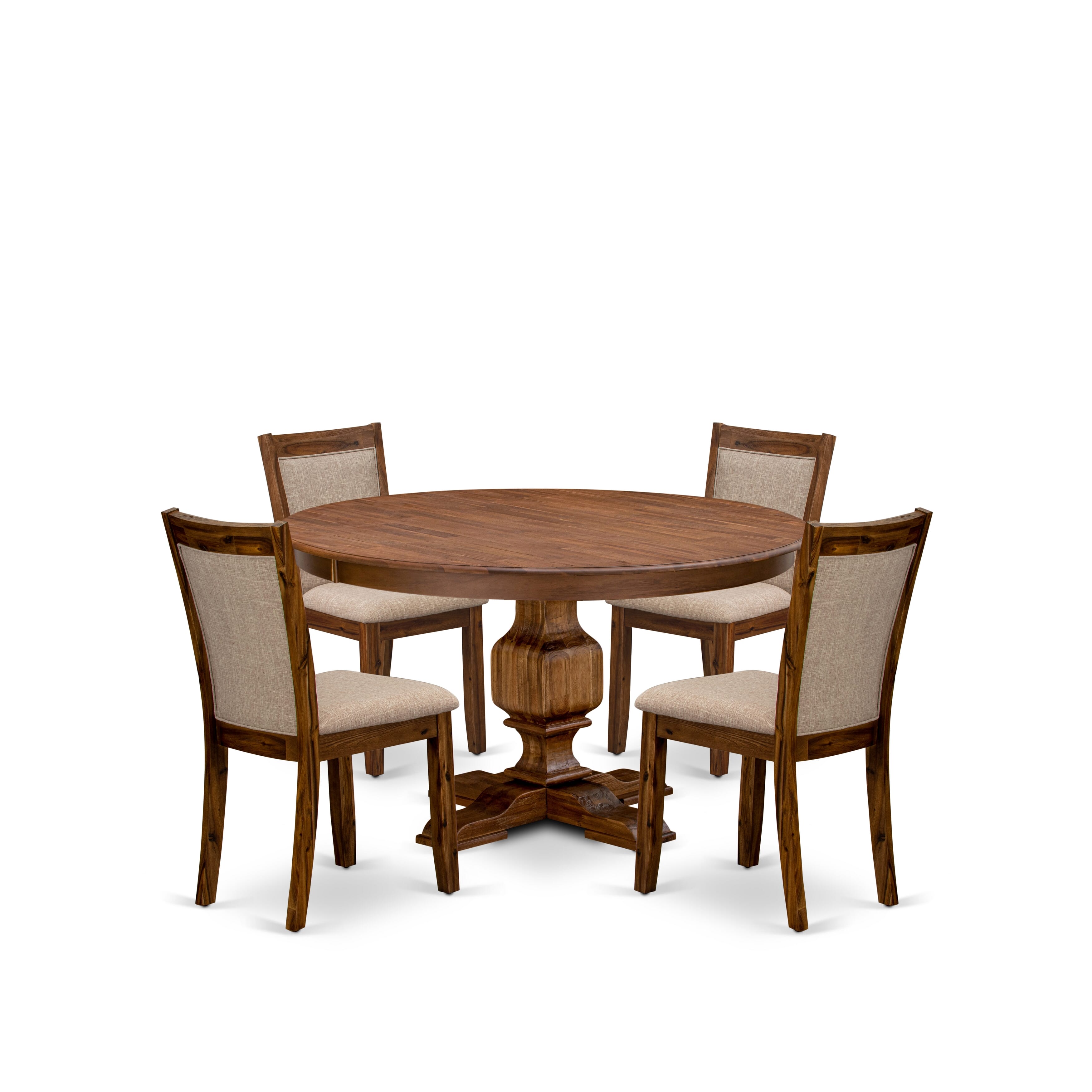 Luxe by East West Furniture F3MZ5-50N-04 5-Pc Dining Room Set consists of a Pedestal Kitchen Table and 4 Light Tan Linen Fabric Chairs with Padded Back - Antique Walnut