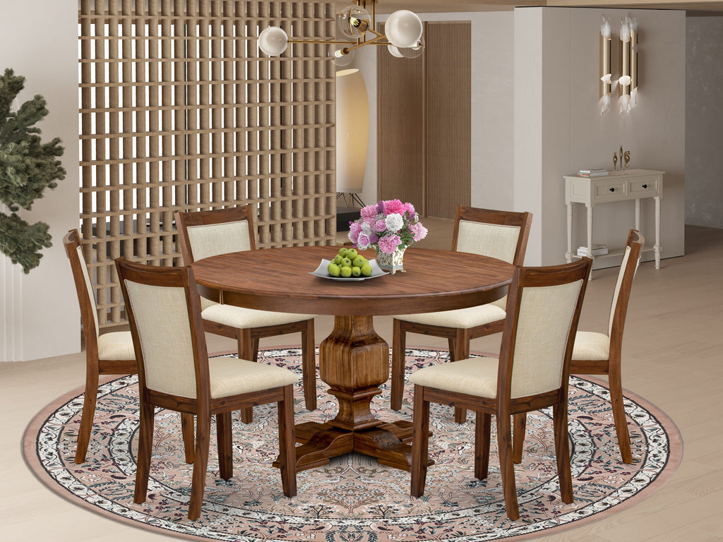 Luxe by East West Furniture F3MZ7-50N-02 7-Pc Dining Set consists of a Pedestal Table and 6 Light Beige Linen Fabric Kitchen Chairs with Padded Back - Antique Walnut