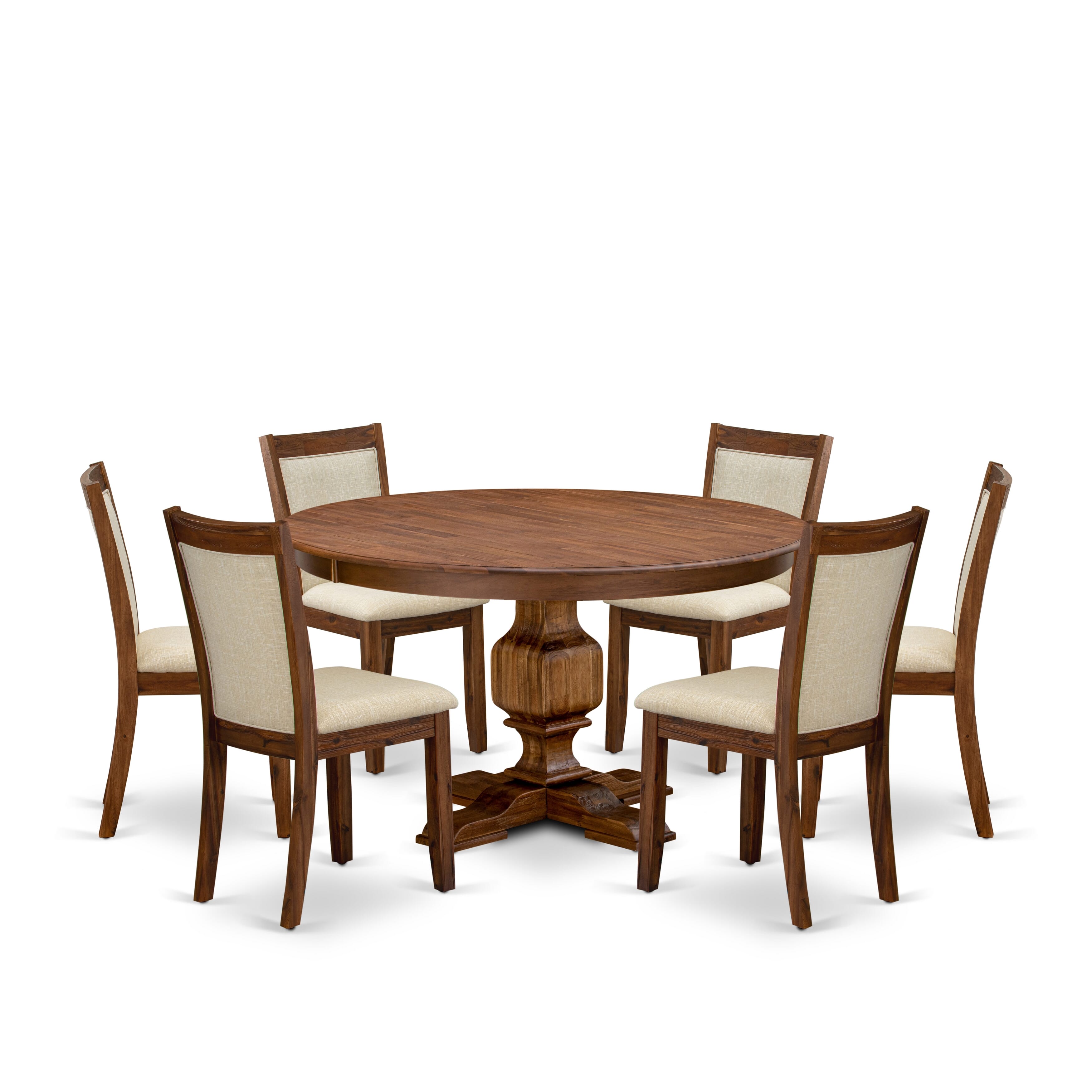 Luxe by East West Furniture F3MZ7-50N-02 7-Pc Dining Set consists of a Pedestal Table and 6 Light Beige Linen Fabric Kitchen Chairs with Padded Back - Antique Walnut