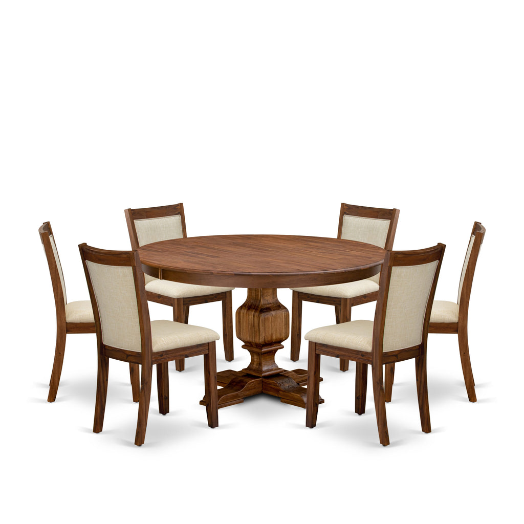 Luxe by East West Furniture F3MZ7-50N-02 7-Pc Dining Set consists of a Pedestal Table and 6 Light Beige Linen Fabric Kitchen Chairs with Padded Back - Antique Walnut