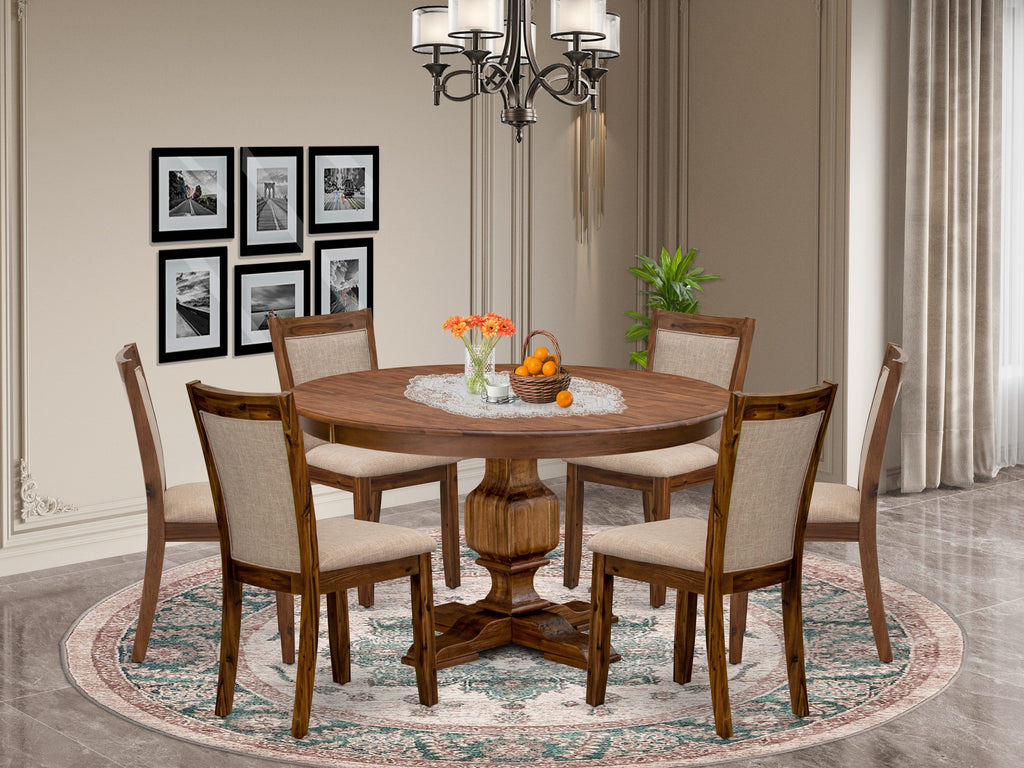 Luxe by East West Furniture F3MZ7-50N-04 7-Pc Kitchen Table Set Includes a Pedestal Table and 6 Light Tan Linen Fabric Dining Room Chairs with Padded Back - Antique Walnut