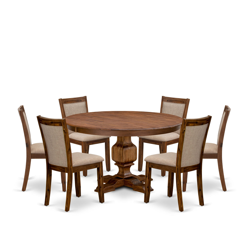 Luxe by East West Furniture F3MZ7-50N-04 7-Pc Kitchen Table Set Includes a Pedestal Table and 6 Light Tan Linen Fabric Dining Room Chairs with Padded Back - Antique Walnut