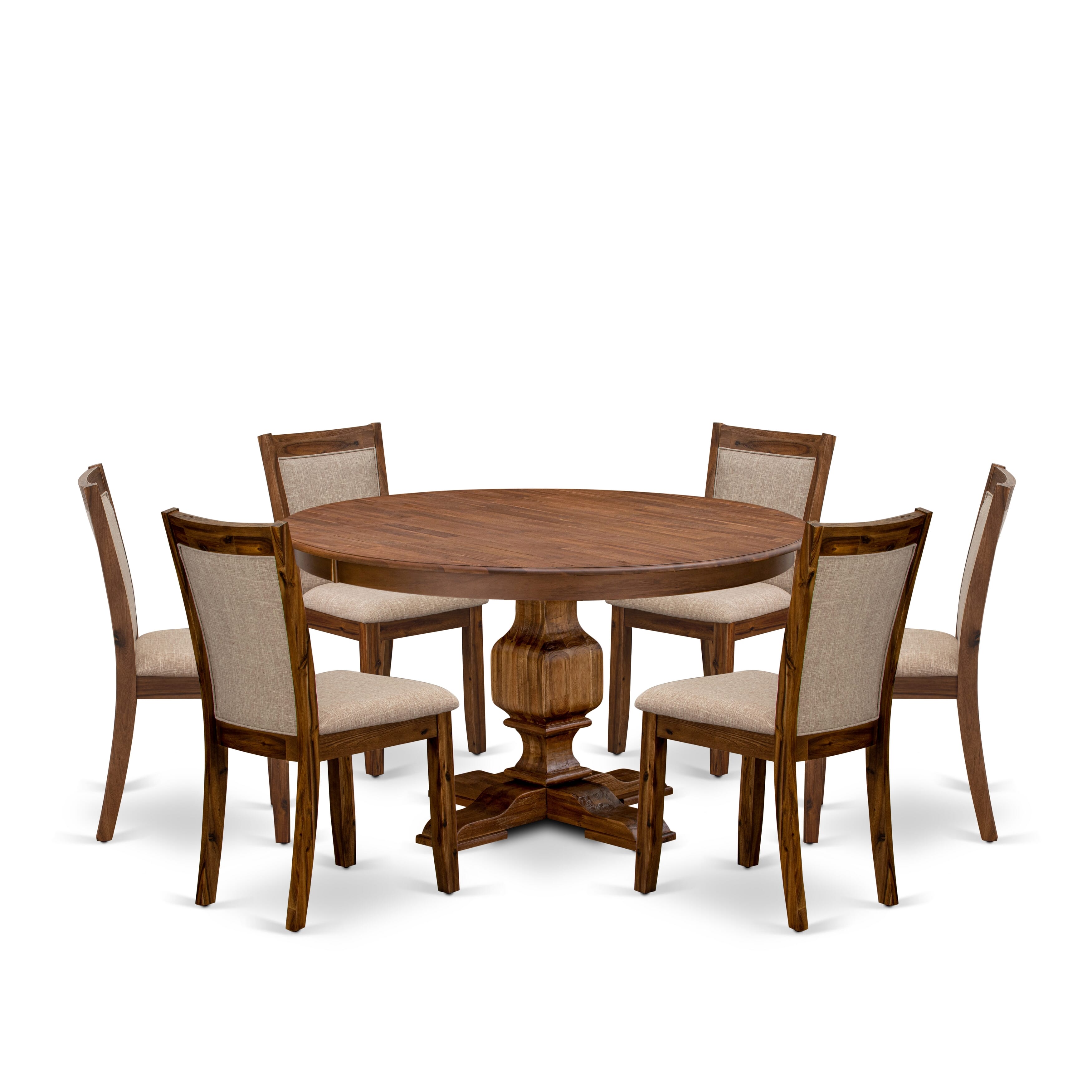 Luxe by East West Furniture F3MZ7-50N-04 7-Pc Kitchen Table Set Includes a Pedestal Table and 6 Light Tan Linen Fabric Dining Room Chairs with Padded Back - Antique Walnut