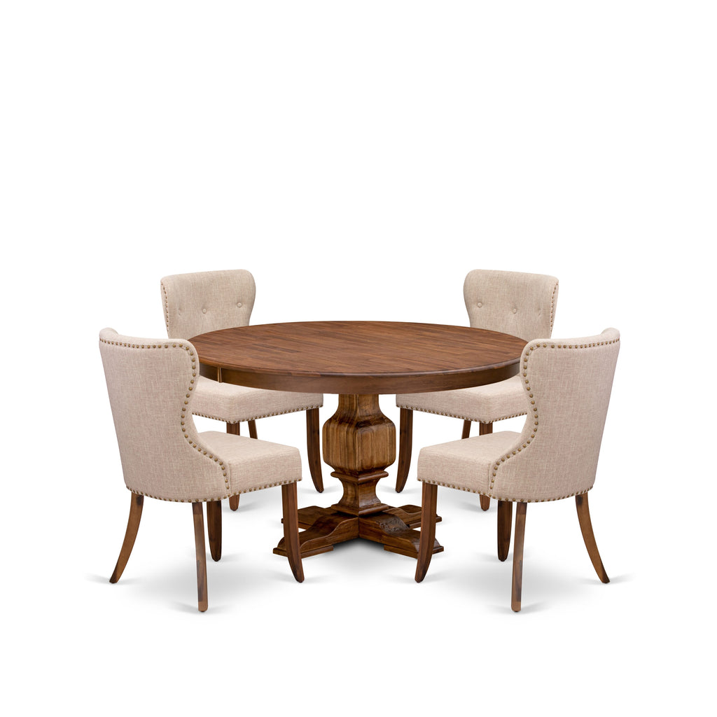 Luxe by East West Furniture F3SI5-50N-04 5-Pc Modern Dining Set Includes a Pedestal Dining Table and 4 Light Tan Linen Fabric Chairs with Button Tufted- Antique Walnut