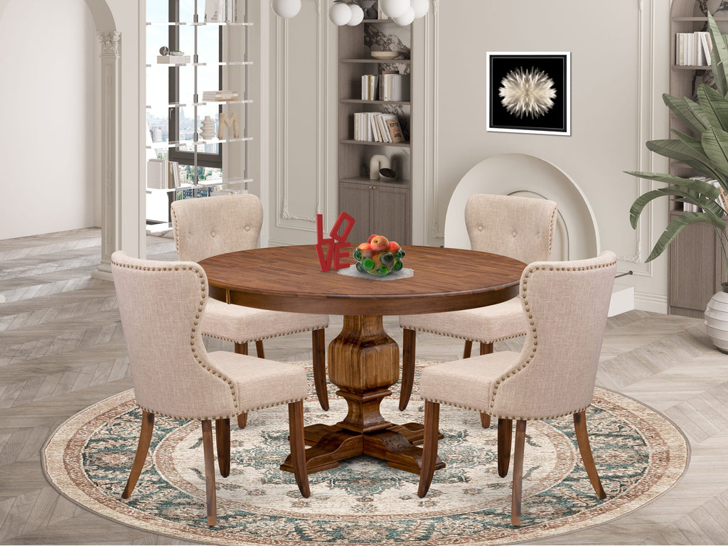 Luxe by East West Furniture F3SI5-50N-04 5-Pc Modern Dining Set Includes a Pedestal Dining Table and 4 Light Tan Linen Fabric Chairs with Button Tufted- Antique Walnut