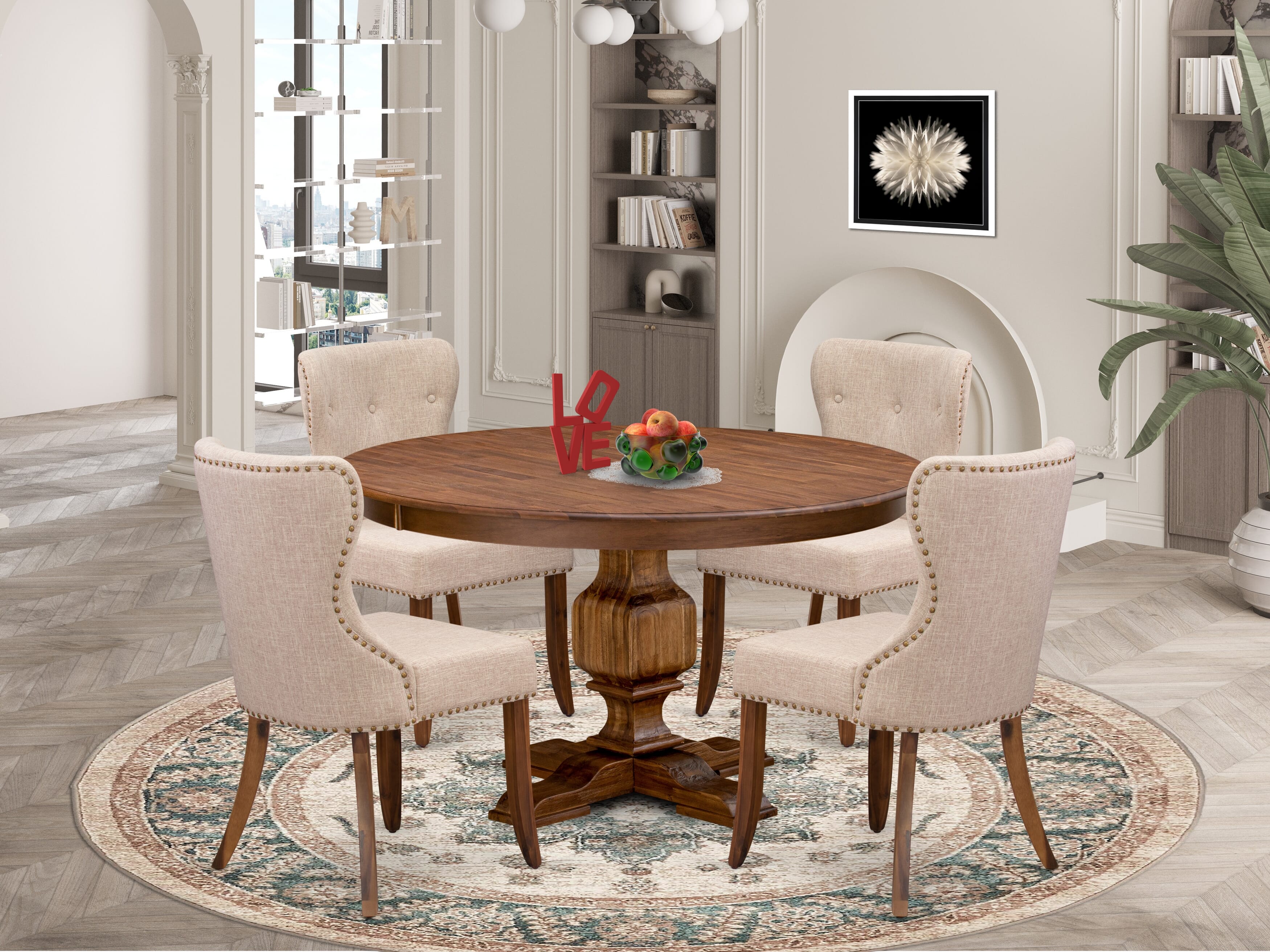Luxe by East West Furniture F3SI5-50N-04 5-Pc Modern Dining Set Includes a Pedestal Dining Table and 4 Light Tan Linen Fabric Chairs with Button Tufted- Antique Walnut