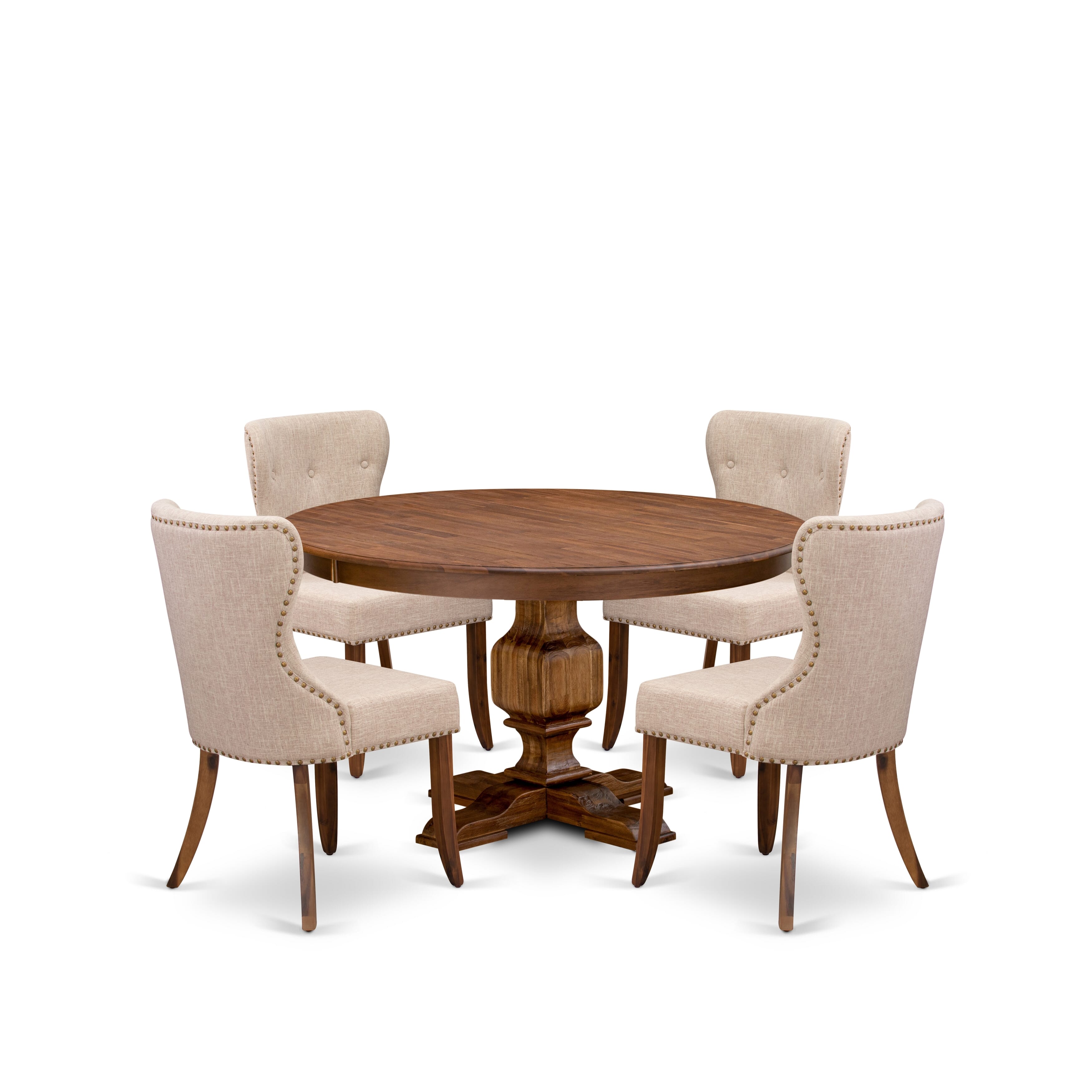 Luxe by East West Furniture F3SI5-50N-04 5-Pc Modern Dining Set Includes a Pedestal Dining Table and 4 Light Tan Linen Fabric Chairs with Button Tufted- Antique Walnut