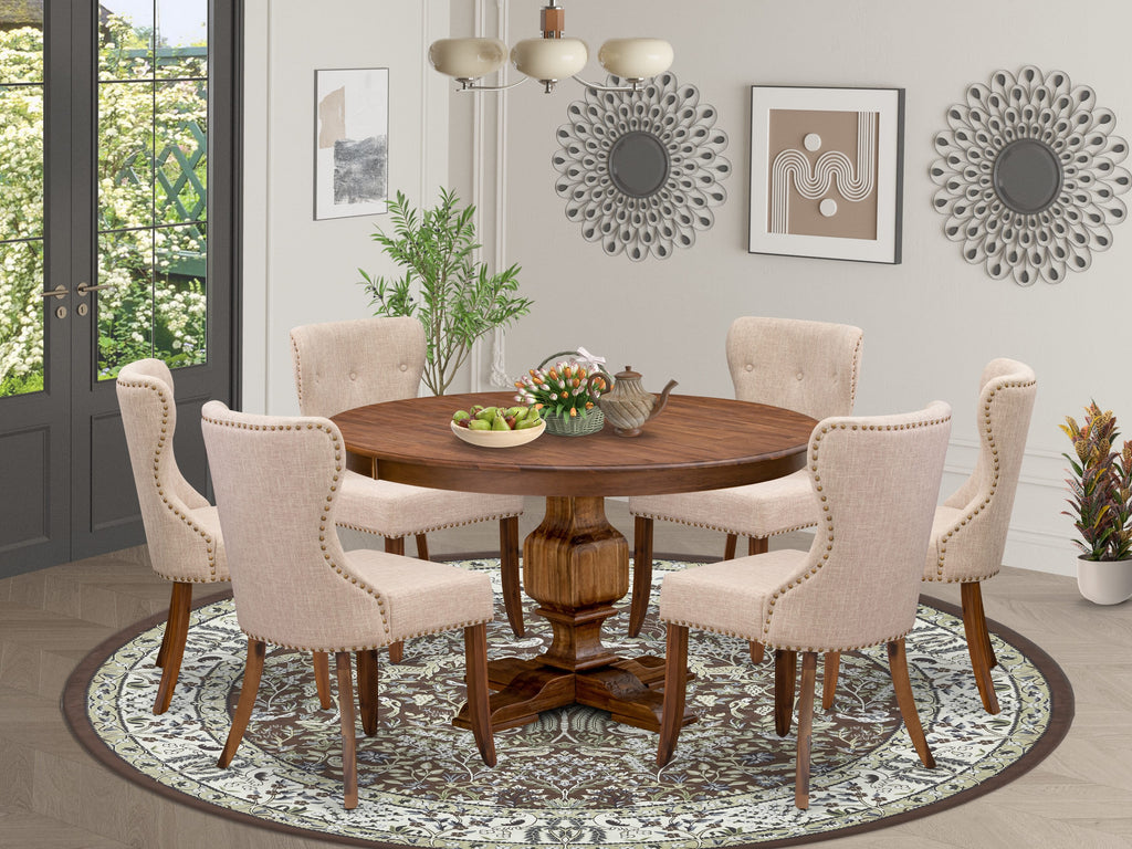 Luxe by East West Furniture F3SI7-50N-04 7-Pc Kitchen Table Set consists of a Pedestal Table and 6 Light Tan Linen Fabric Padded Chairs with Button Tufted- Antique Walnut