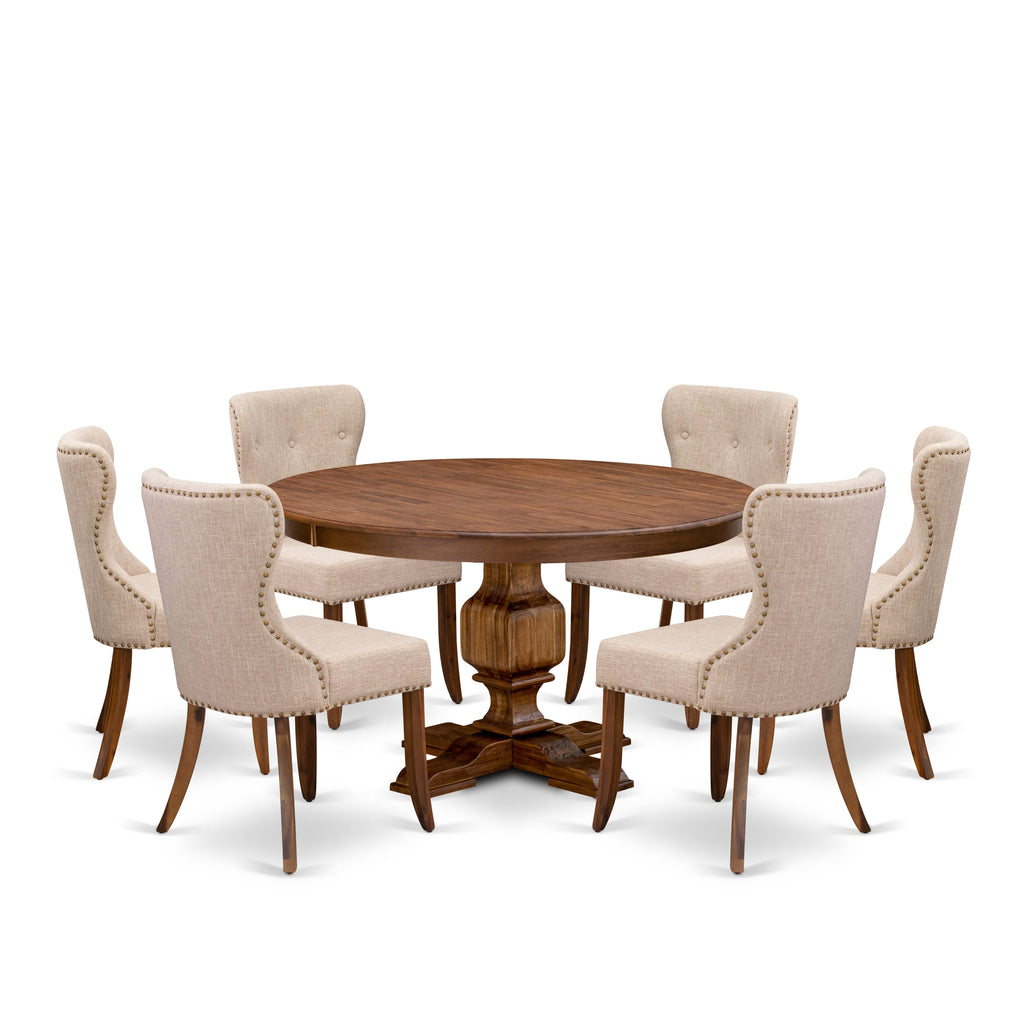 Luxe by East West Furniture F3SI7-50N-04 7-Pc Kitchen Table Set consists of a Pedestal Table and 6 Light Tan Linen Fabric Padded Chairs with Button Tufted- Antique Walnut