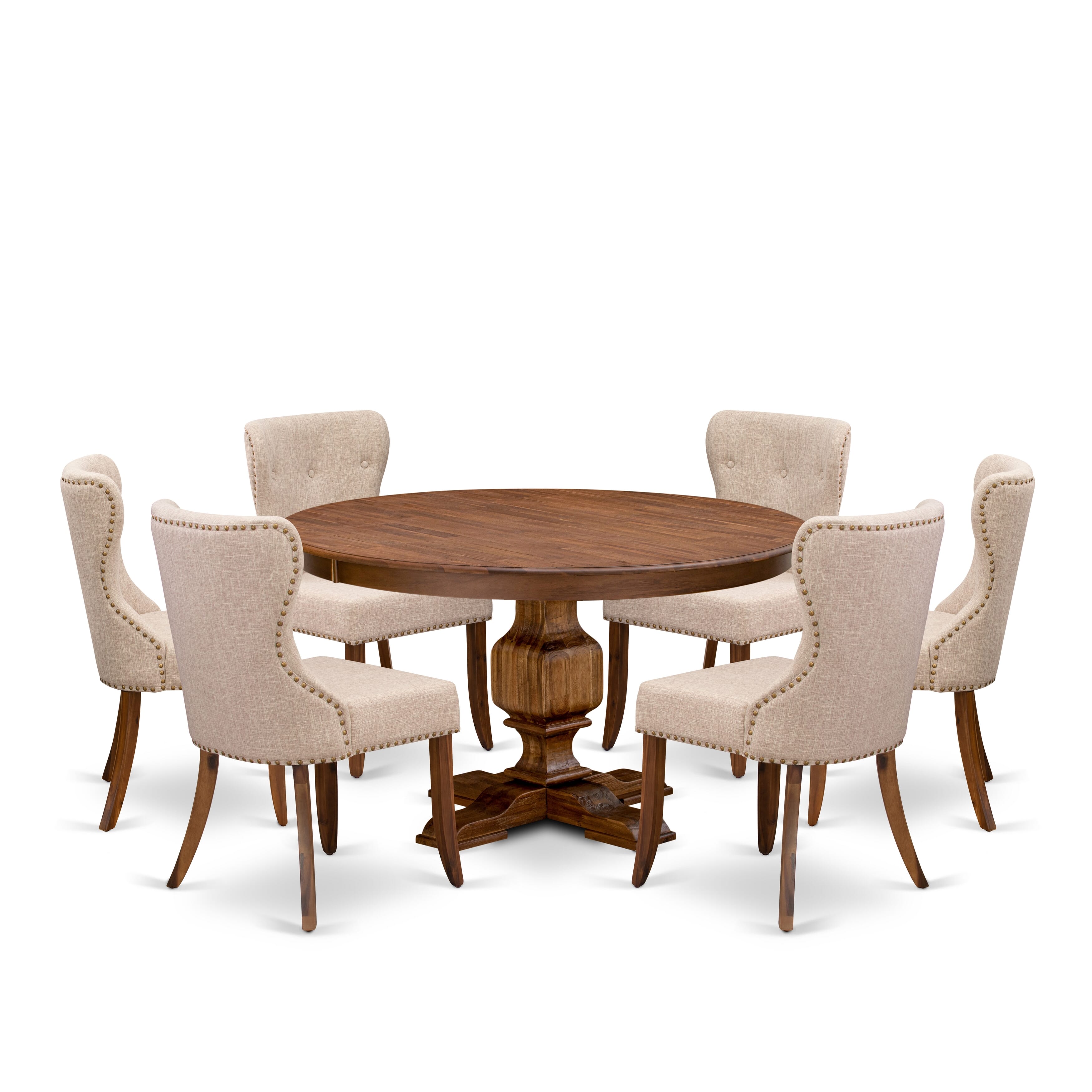 Luxe by East West Furniture F3SI7-50N-04 7-Pc Kitchen Table Set consists of a Pedestal Table and 6 Light Tan Linen Fabric Padded Chairs with Button Tufted- Antique Walnut