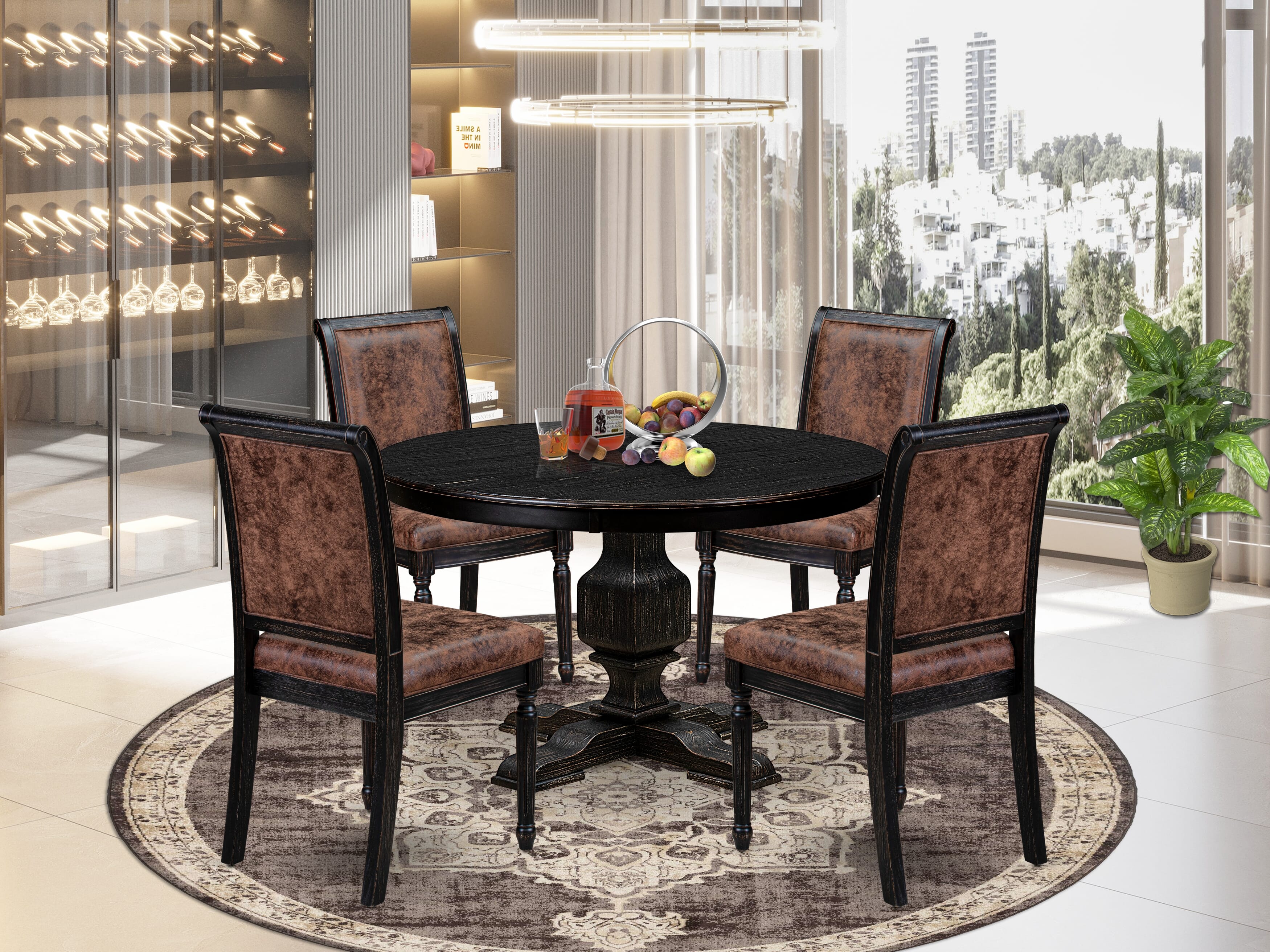 Luxe by East West Furniture - F3TY5-411-33 - 5-piece Kitchen Dining Table Set consists of a Dining Table and 4 Brown Polyester Fabric Parsons Chairs with High Back - Sand Blasting Black Finish