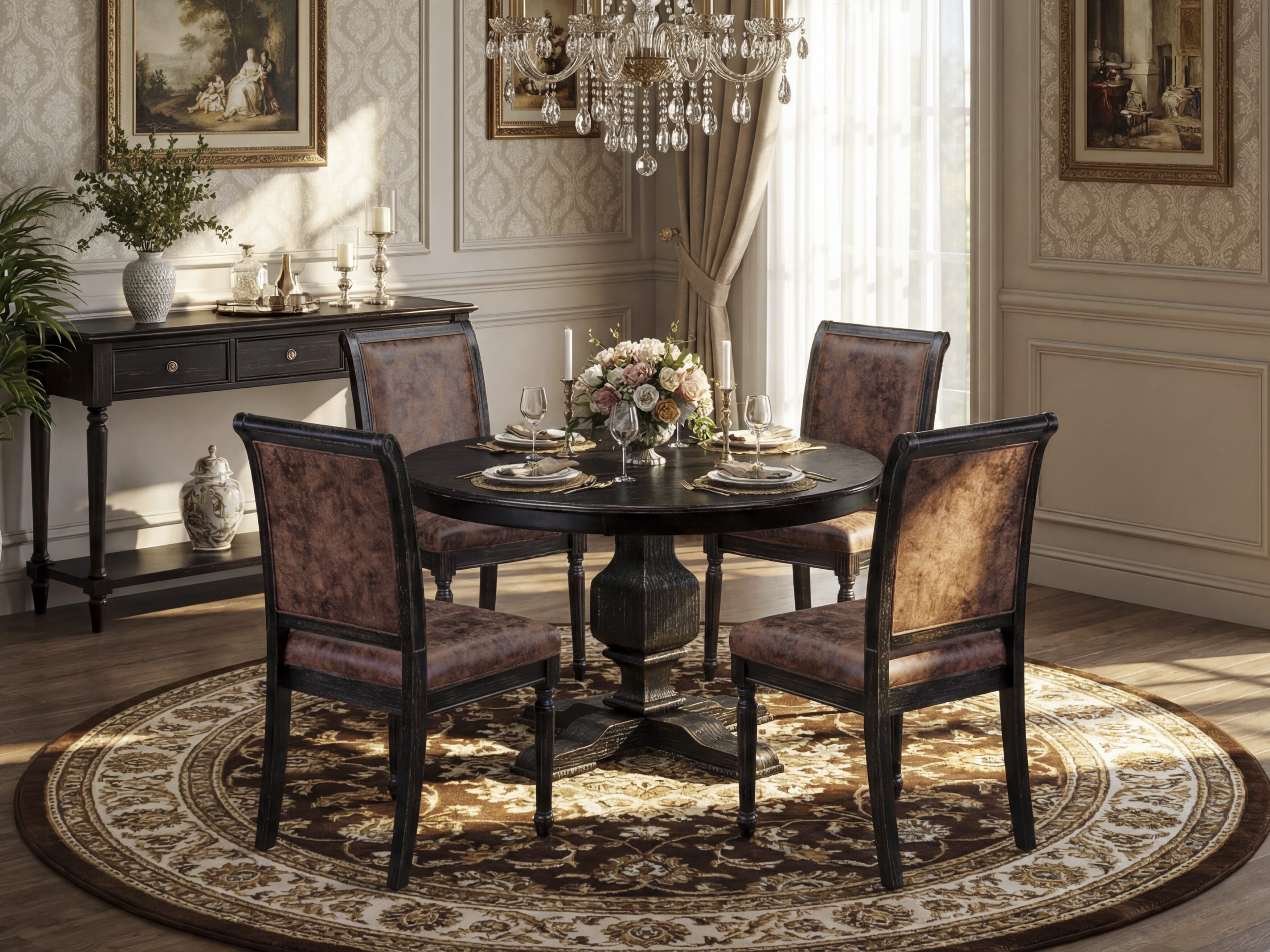 Luxe by East West Furniture - F3TY5-411-33 - 5-piece Kitchen Dining Table Set consists of a Dining Table and 4 Brown Polyester Fabric Parsons Chairs with High Back - Sand Blasting Black Finish