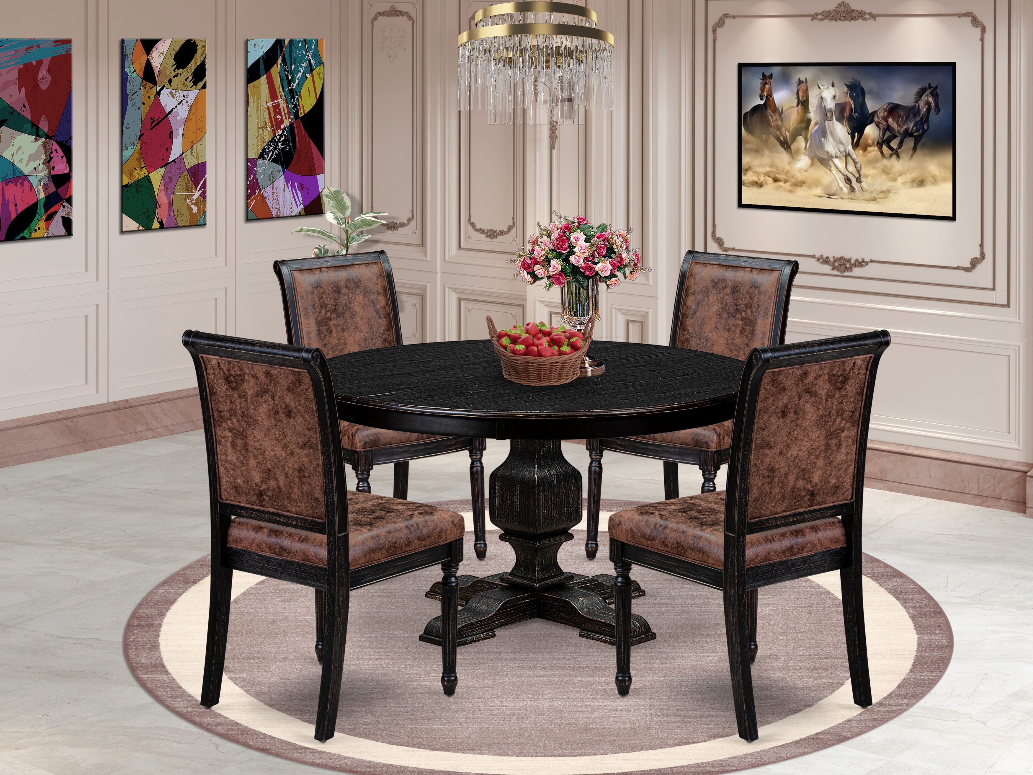 Luxe by East West Furniture - F3TY5-511-33 - 5-piece Dining Room Table Set consists of a Dining Table and 4 Brown Polyester Fabric Padded Chair with High Back - Sand Blasting Black Finish
