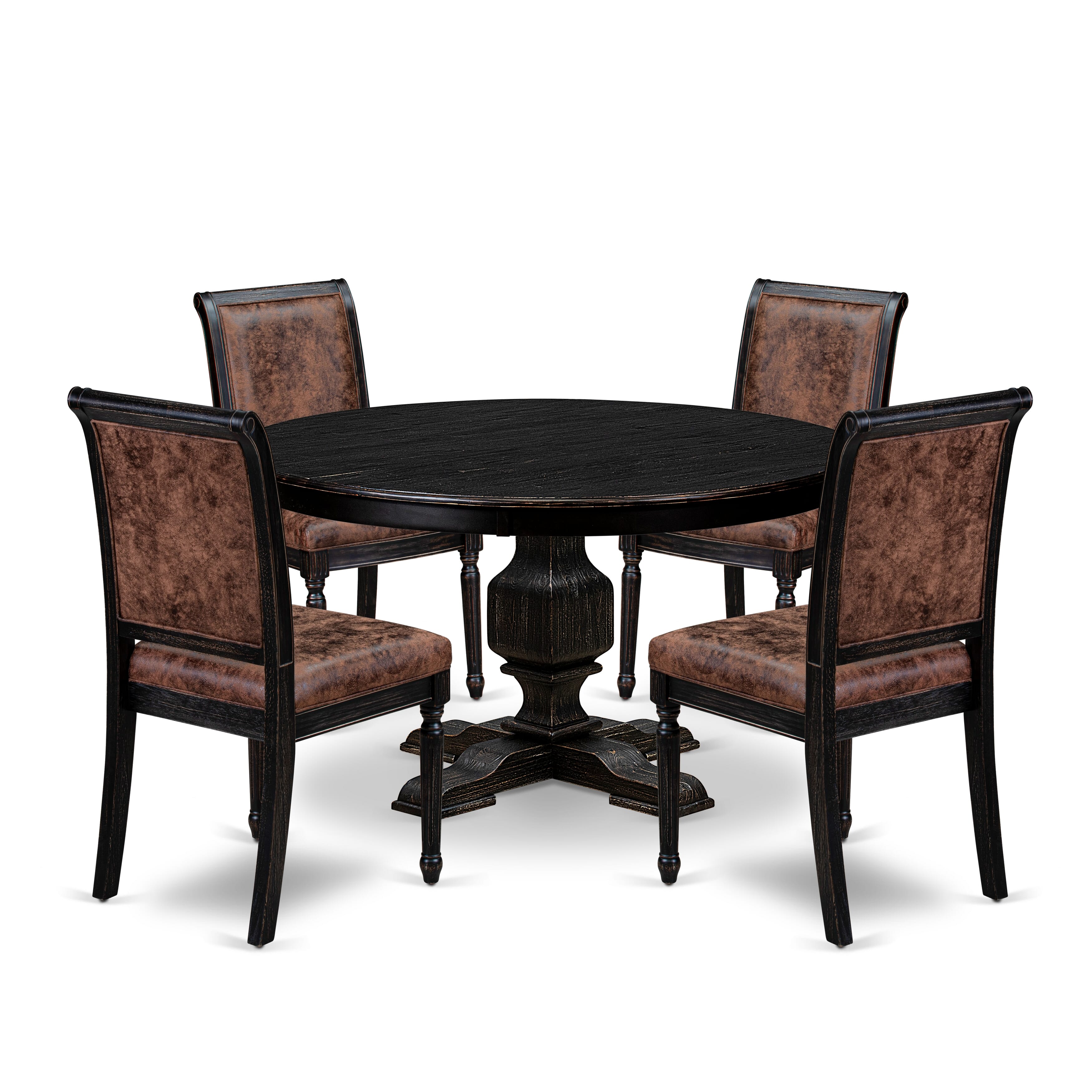 Luxe by East West Furniture - F3TY5-511-33 - 5-piece Dining Room Table Set consists of a Dining Table and 4 Brown Polyester Fabric Padded Chair with High Back - Sand Blasting Black Finish