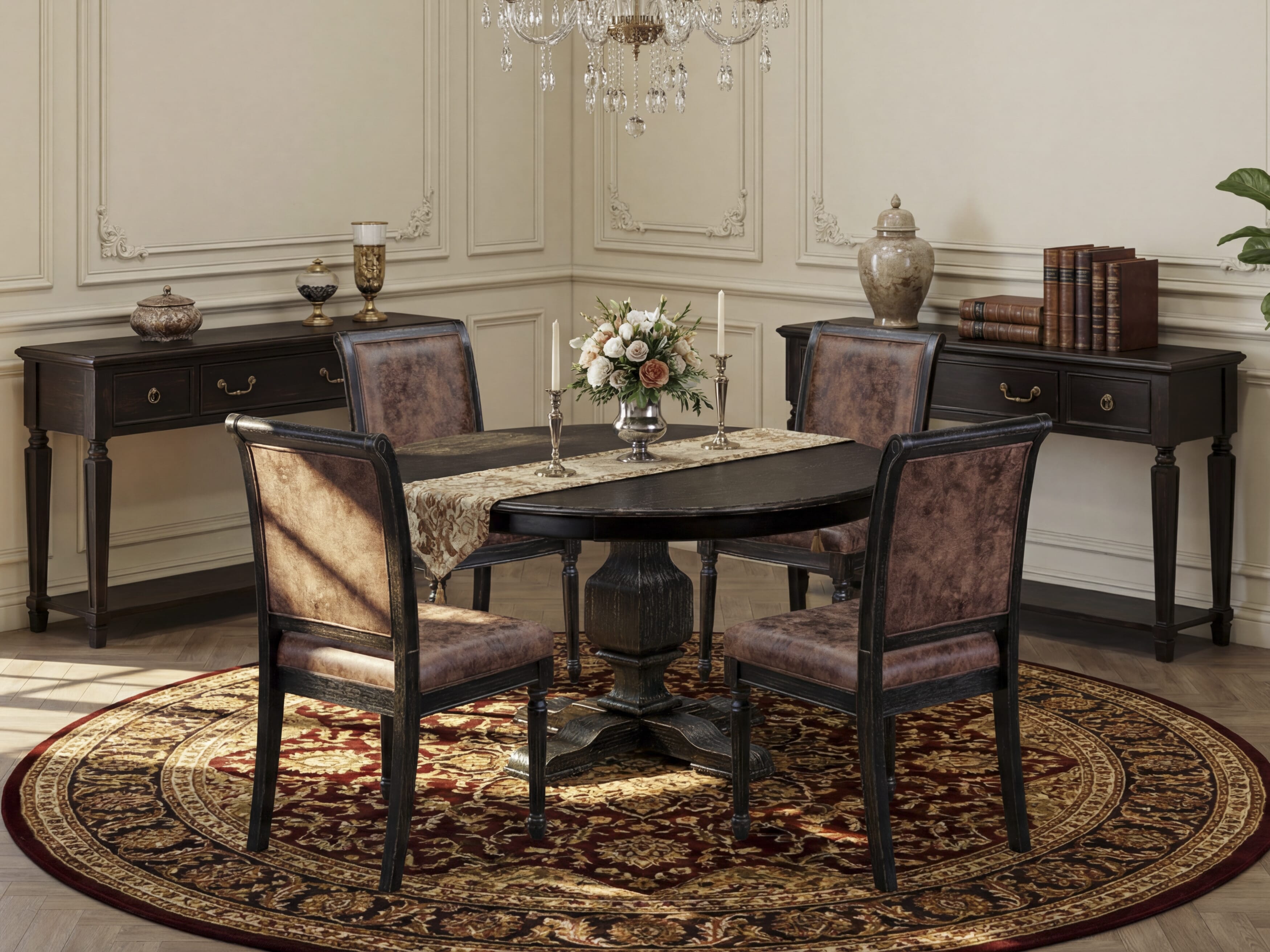 Luxe by East West Furniture - F3TY5-511-33 - 5-piece Dining Room Table Set consists of a Dining Table and 4 Brown Polyester Fabric Padded Chair with High Back - Sand Blasting Black Finish