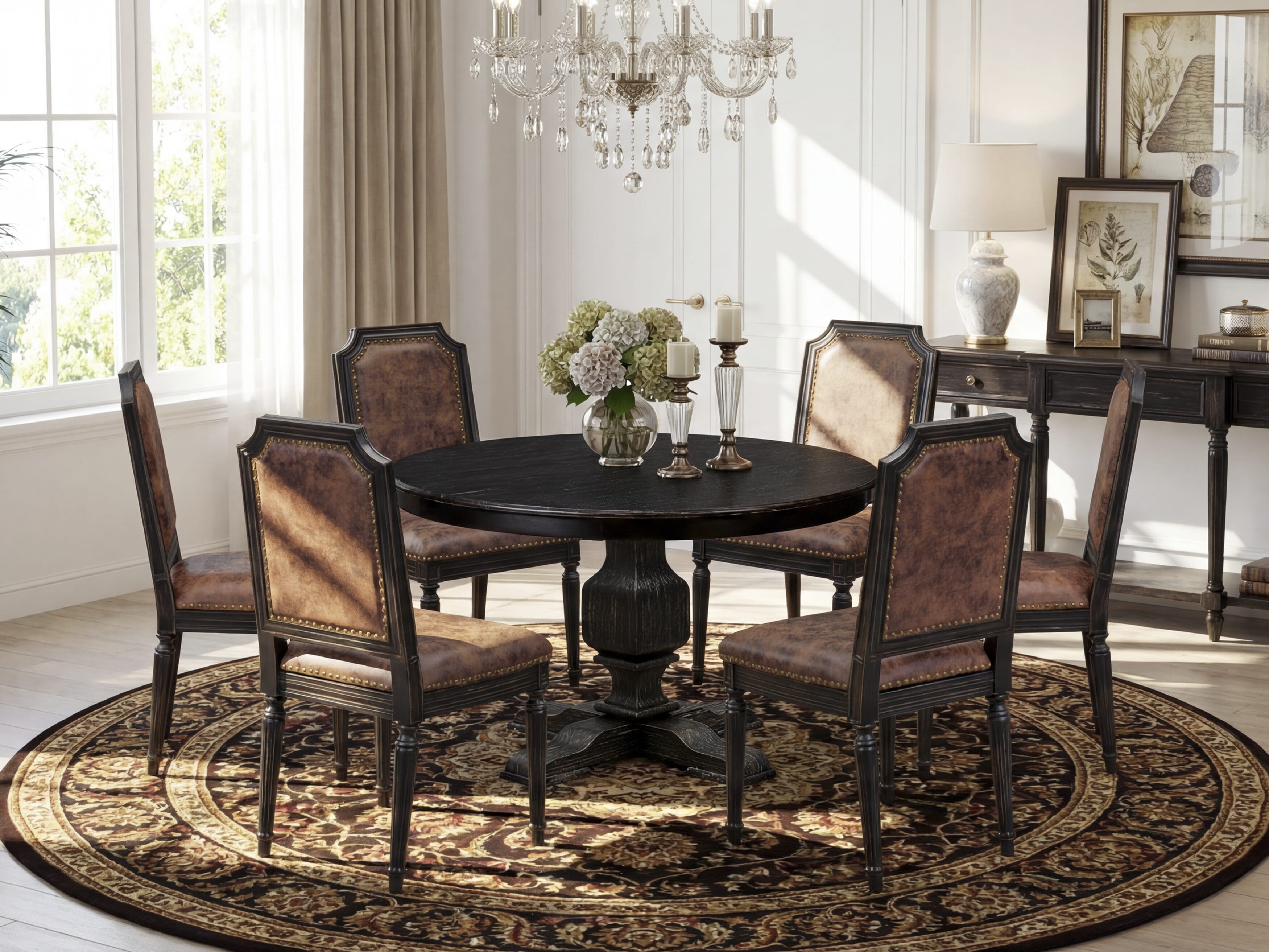 Luxe by East West Furniture - F3TY7-411-33 - 7-piece Kitchen Dining Table Set consists of a Dining Table and 6 Brown Polyester Fabric Parsons Chairs with High Back - Sand Blasting Black Finish