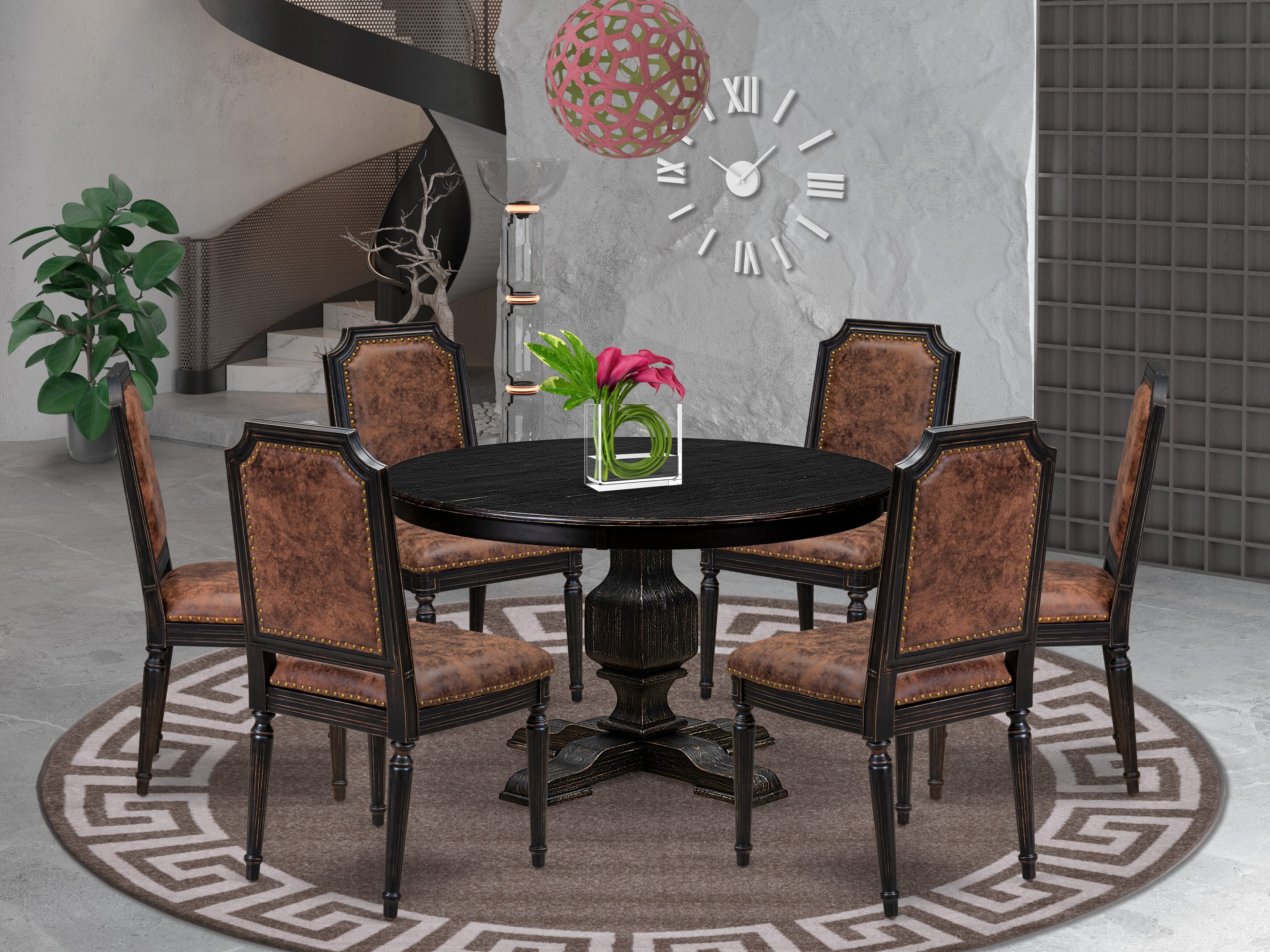 Luxe by East West Furniture - F3TY7-411-33 - 7-piece Kitchen Dining Table Set consists of a Dining Table and 6 Brown Polyester Fabric Parsons Chairs with High Back - Sand Blasting Black Finish