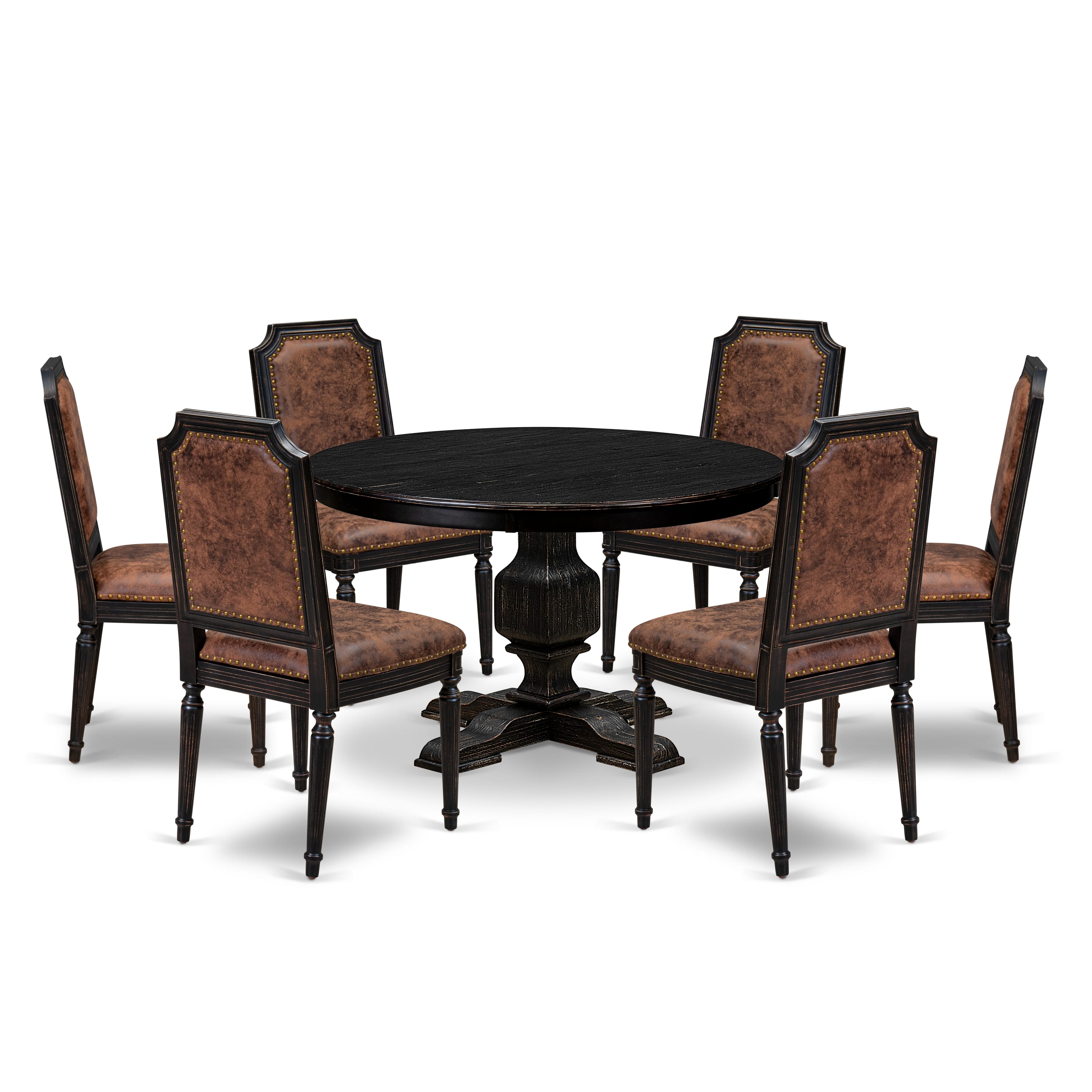 Luxe by East West Furniture - F3TY7-411-33 - 7-piece Kitchen Dining Table Set consists of a Dining Table and 6 Brown Polyester Fabric Parsons Chairs with High Back - Sand Blasting Black Finish