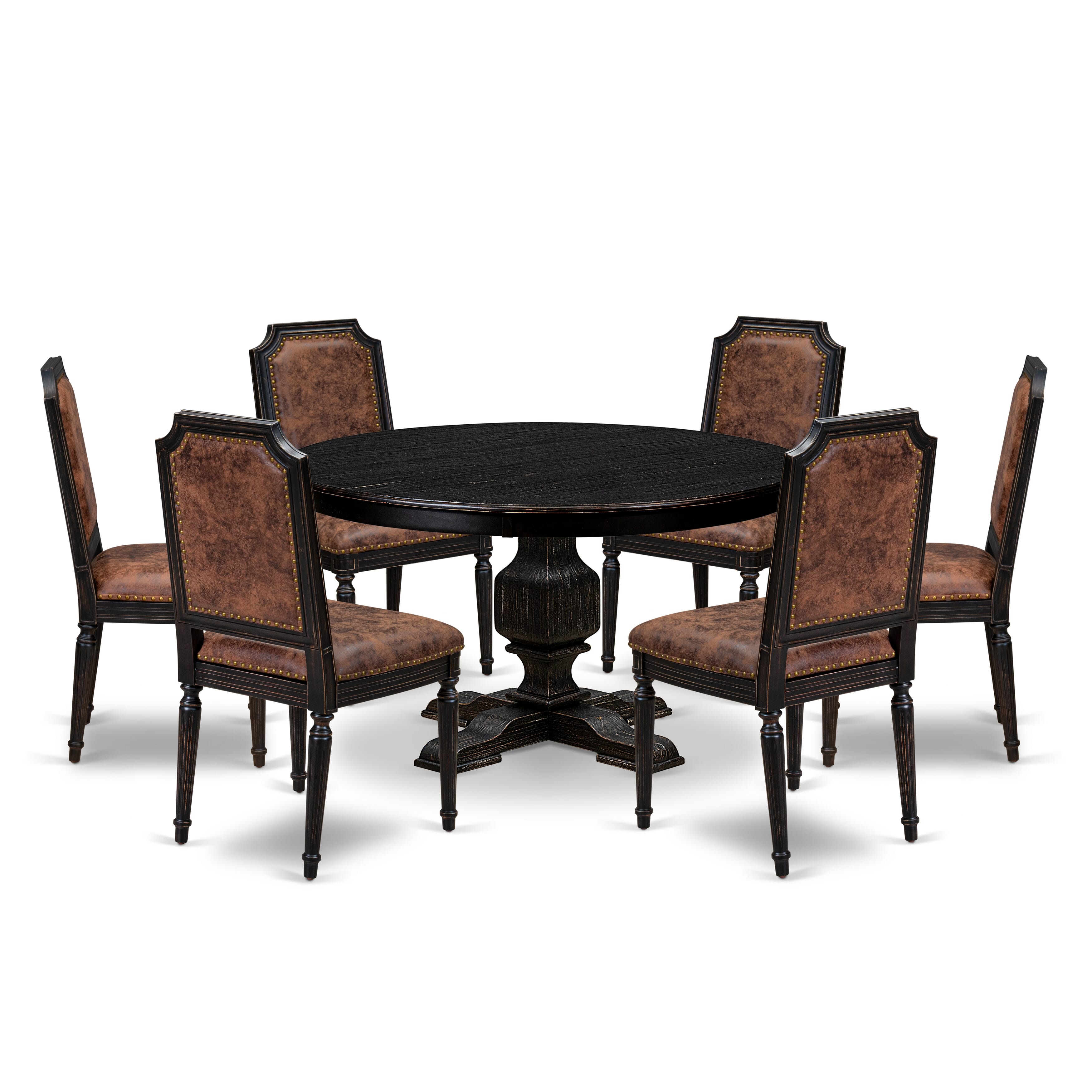Luxe by East West Furniture - F3TY7-511-33 - 7-piece Dining Room Table Set consists of a Dining Table and 6 Brown Polyester Fabric Padded Chair with High Back - Sand Blasting Black Finish