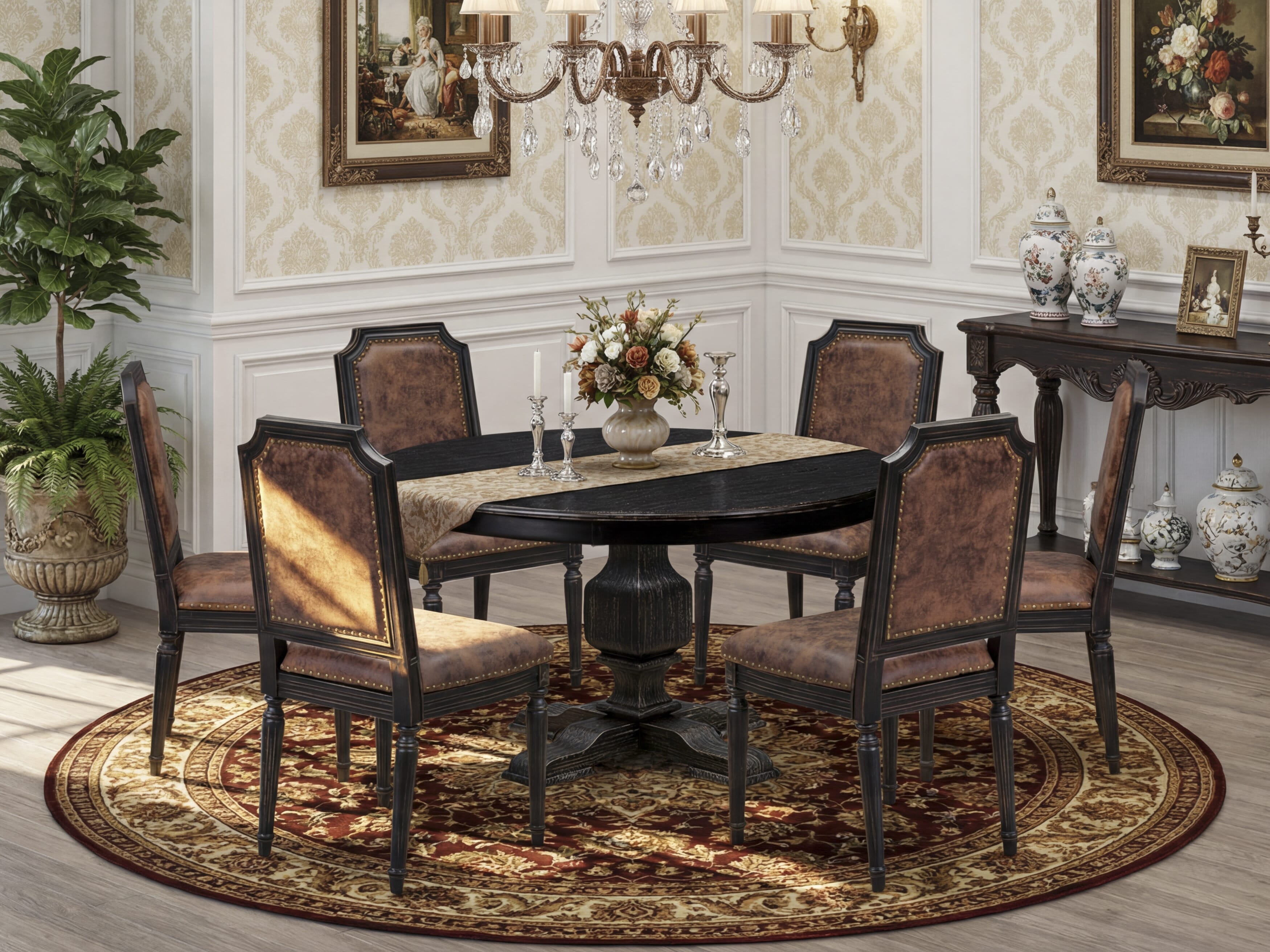 Luxe by East West Furniture - F3TY7-511-33 - 7-piece Dining Room Table Set consists of a Dining Table and 6 Brown Polyester Fabric Padded Chair with High Back - Sand Blasting Black Finish
