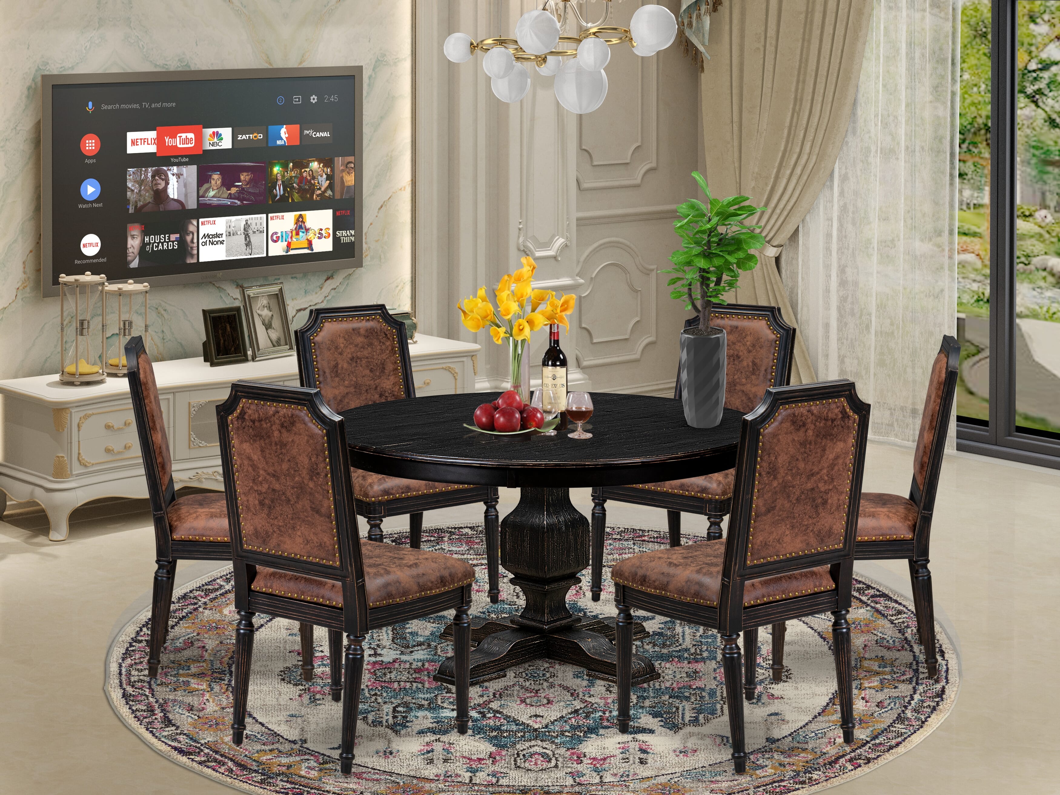 Luxe by East West Furniture - F3TY7-511-33 - 7-piece Dining Room Table Set consists of a Dining Table and 6 Brown Polyester Fabric Padded Chair with High Back - Sand Blasting Black Finish