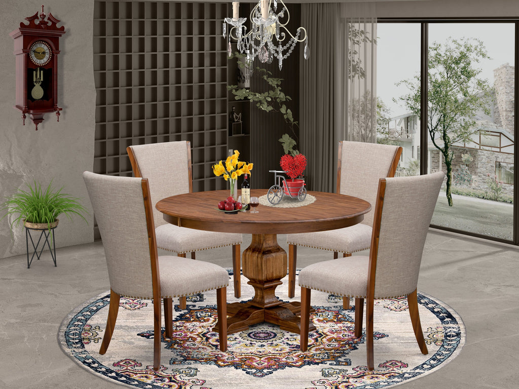 Luxe by East West Furniture F3VE5-50N-04 5 Piece Dinette Set for 4 Contains a 54" Round Table with Pedestal and 4 Light Tan Linen Fabric Parson Chairs, Antique Walnut