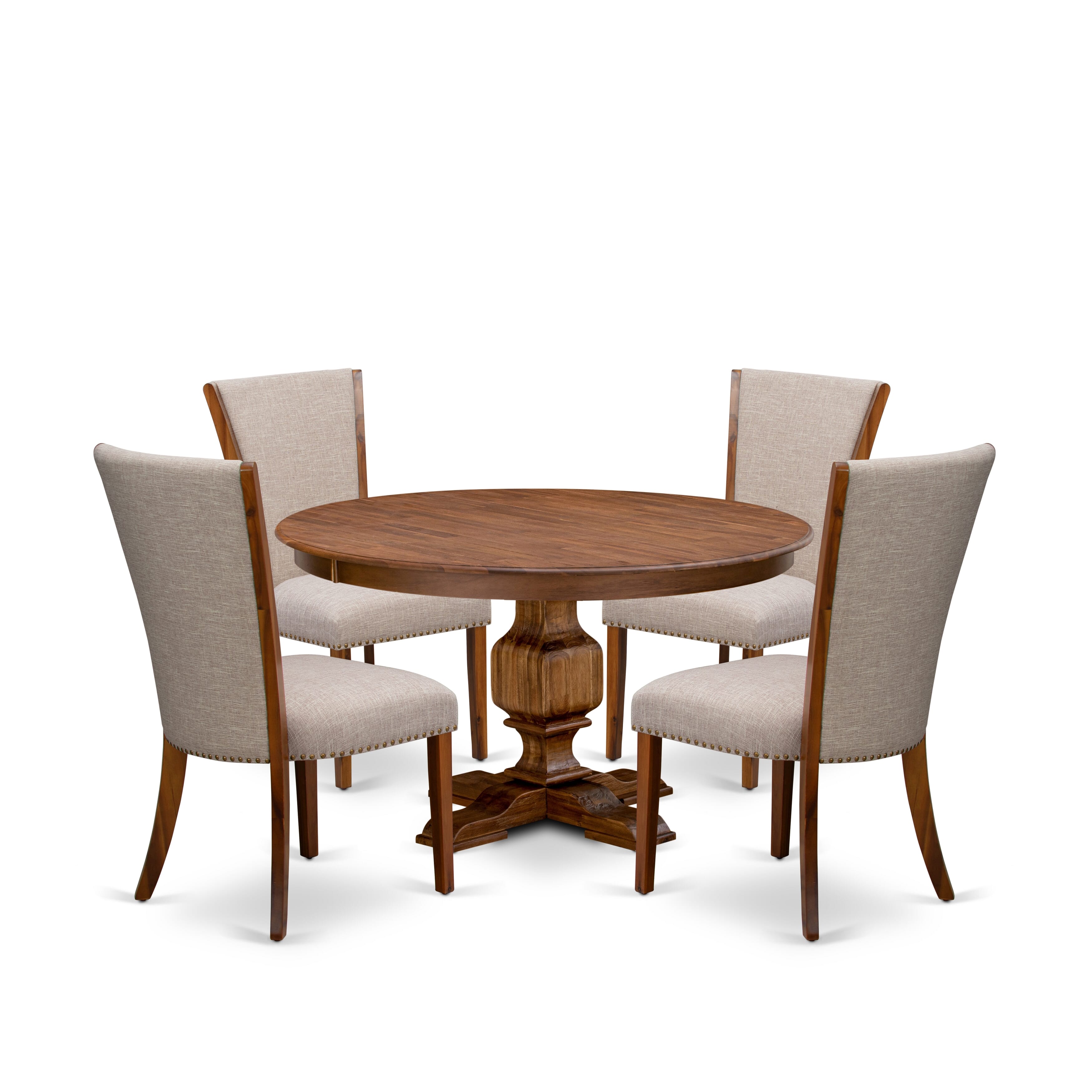 Luxe by East West Furniture F3VE5-50N-04 5 Piece Dinette Set for 4 Contains a 54" Round Table with Pedestal and 4 Light Tan Linen Fabric Parson Chairs, Antique Walnut