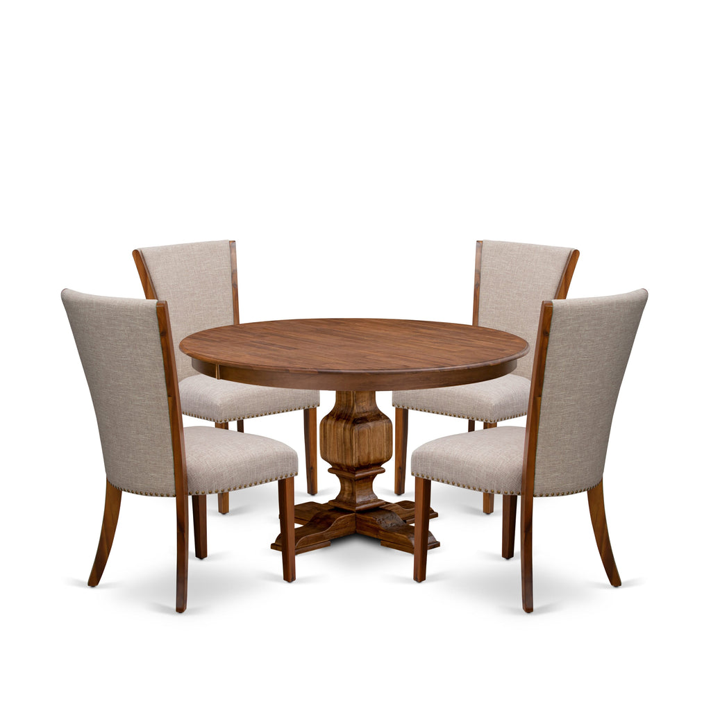 Luxe by East West Furniture F3VE5-50N-04 5 Piece Dinette Set for 4 Contains a 54" Round Table with Pedestal and 4 Light Tan Linen Fabric Parson Chairs, Antique Walnut