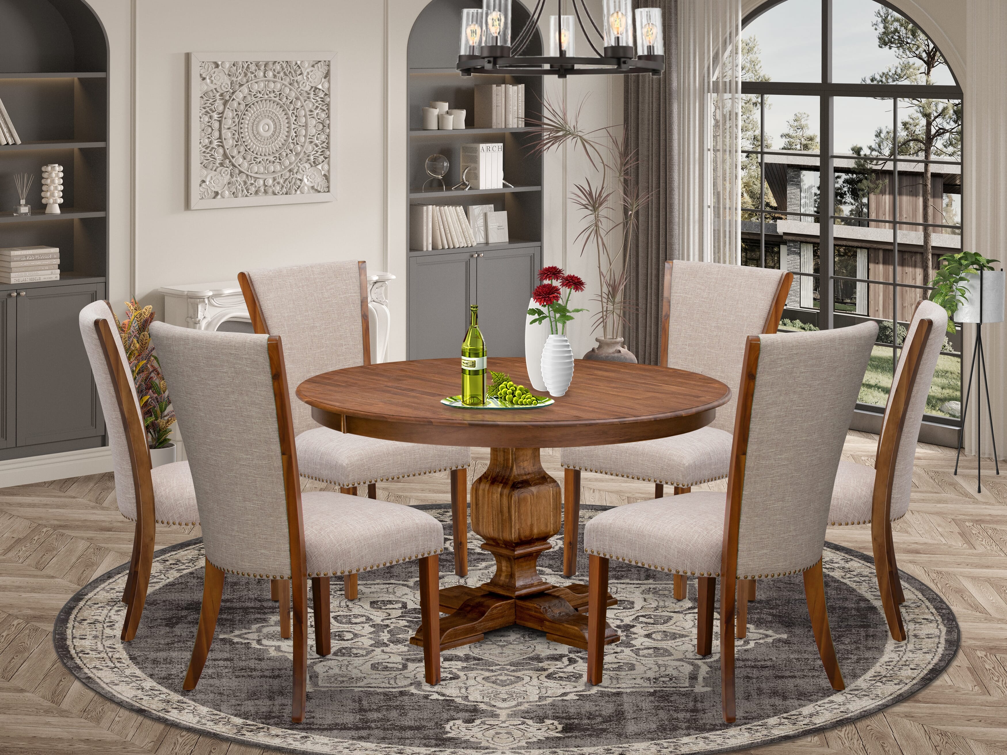 Luxe by East West Furniture F3VE7-50N-04 7 Piece Dining Set for 6 Includes a 54" Round Table with Pedestal and 6 Light Tan Linen Fabric Parson Chairs, Antique Walnut