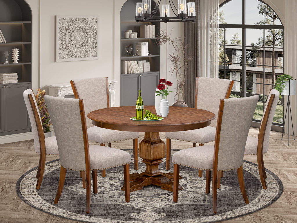 Luxe by East West Furniture F3VE7-50N-04 7 Piece Dining Set for 6 Includes a 54" Round Table with Pedestal and 6 Light Tan Linen Fabric Parson Chairs, Antique Walnut