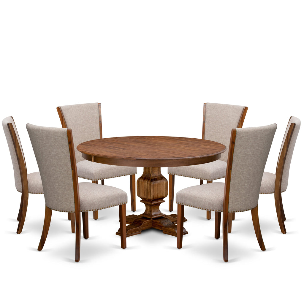 Luxe by East West Furniture F3VE7-50N-04 7 Piece Dining Set for 6 Includes a 54" Round Table with Pedestal and 6 Light Tan Linen Fabric Parson Chairs, Antique Walnut