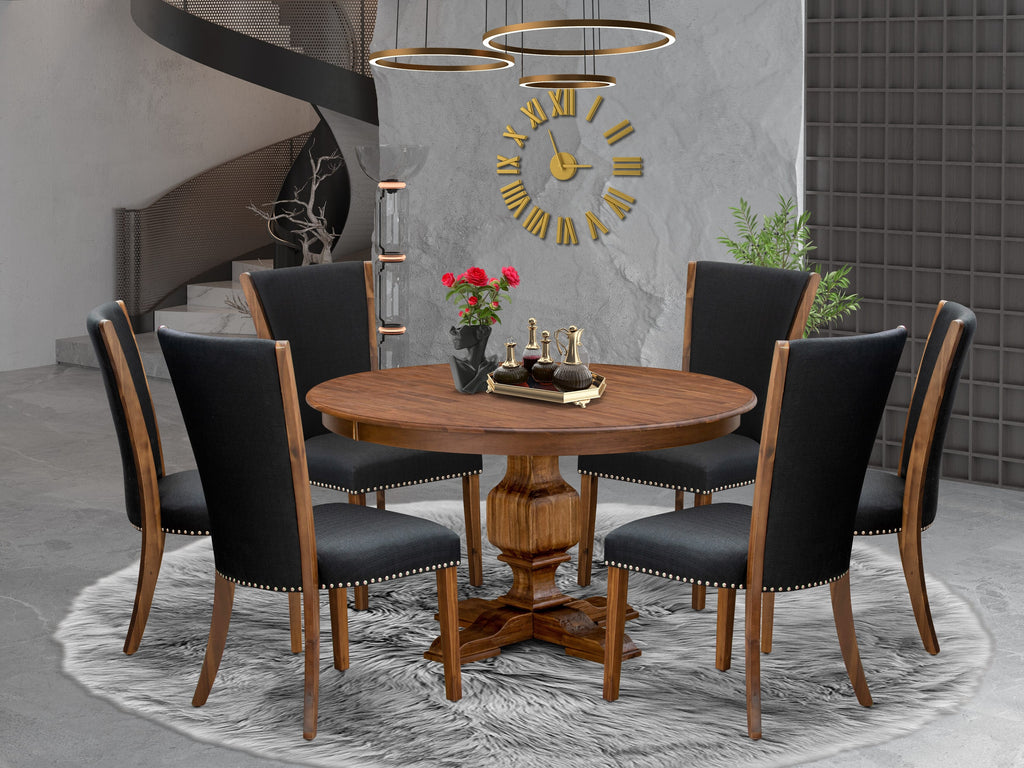 Luxe by East West Furniture F3VE7-50N-24 7 Piece Kitchen Table Set Consists of a 54" Round Table with Pedestal and 6 Black Linen Fabric Parson Chairs, Antique Walnut
