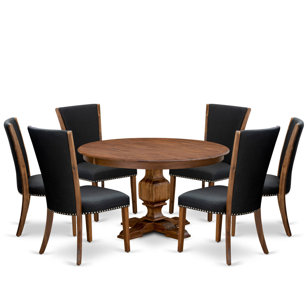 Luxe by East West Furniture F3VE7-50N-24 7 Piece Kitchen Table Set Consists of a 54" Round Table with Pedestal and 6 Black Linen Fabric Parson Chairs, Antique Walnut