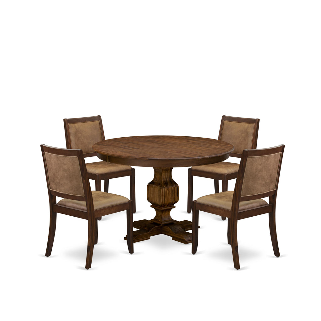 East West Furniture F3X25-0N-28 5-piece Dining Room Table Set included a Round Kitchen Table and 4 Brown Texture Faux Leather stackable kitchen Chair