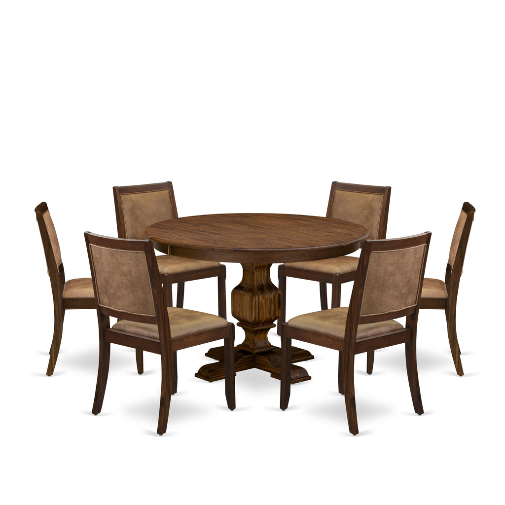 East West Furniture F3X27-0N-28 7-piece kitchen Table Set consists of a Round Kitchen Table and 6 Brown Texture Faux Leather stackable dining Chair