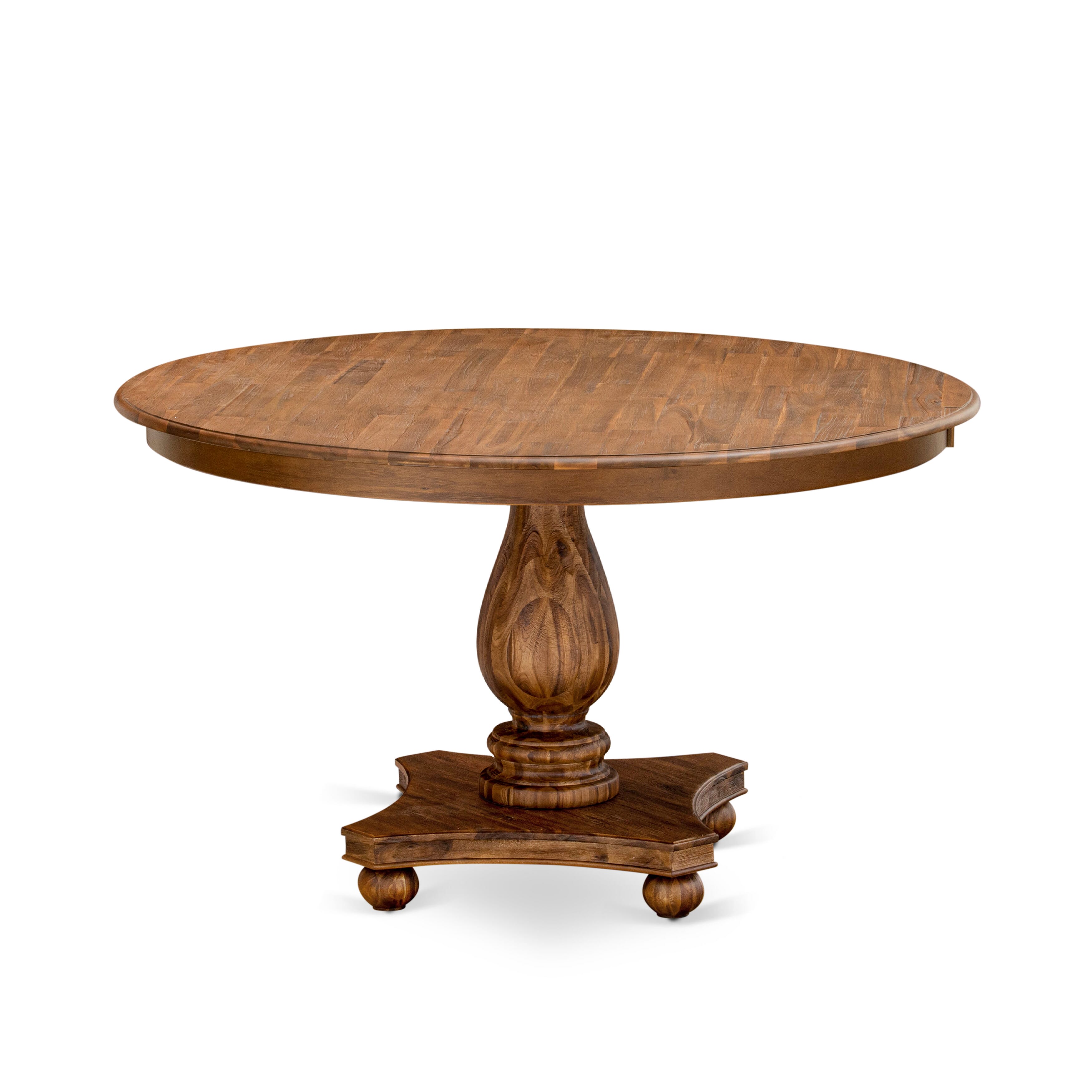 Luxe by East West Furniture F2MZ5-50N-04 5-Pc Kitchen Table Set consists of a Pedestal Kitchen Table and 4 Light Tan Linen Fabric Dining Chairs with Padded Back - Antique Walnut
