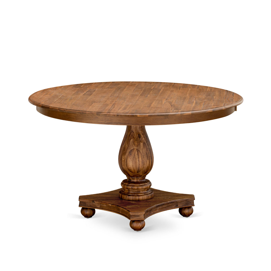 Luxe by East West Furniture F2SI7-50N-04 7-Pc Dining Table Set consists of a Pedestal Table and 6 Light Tan Linen Fabric Modern Chairs with Button Tufted- Antique Walnut
