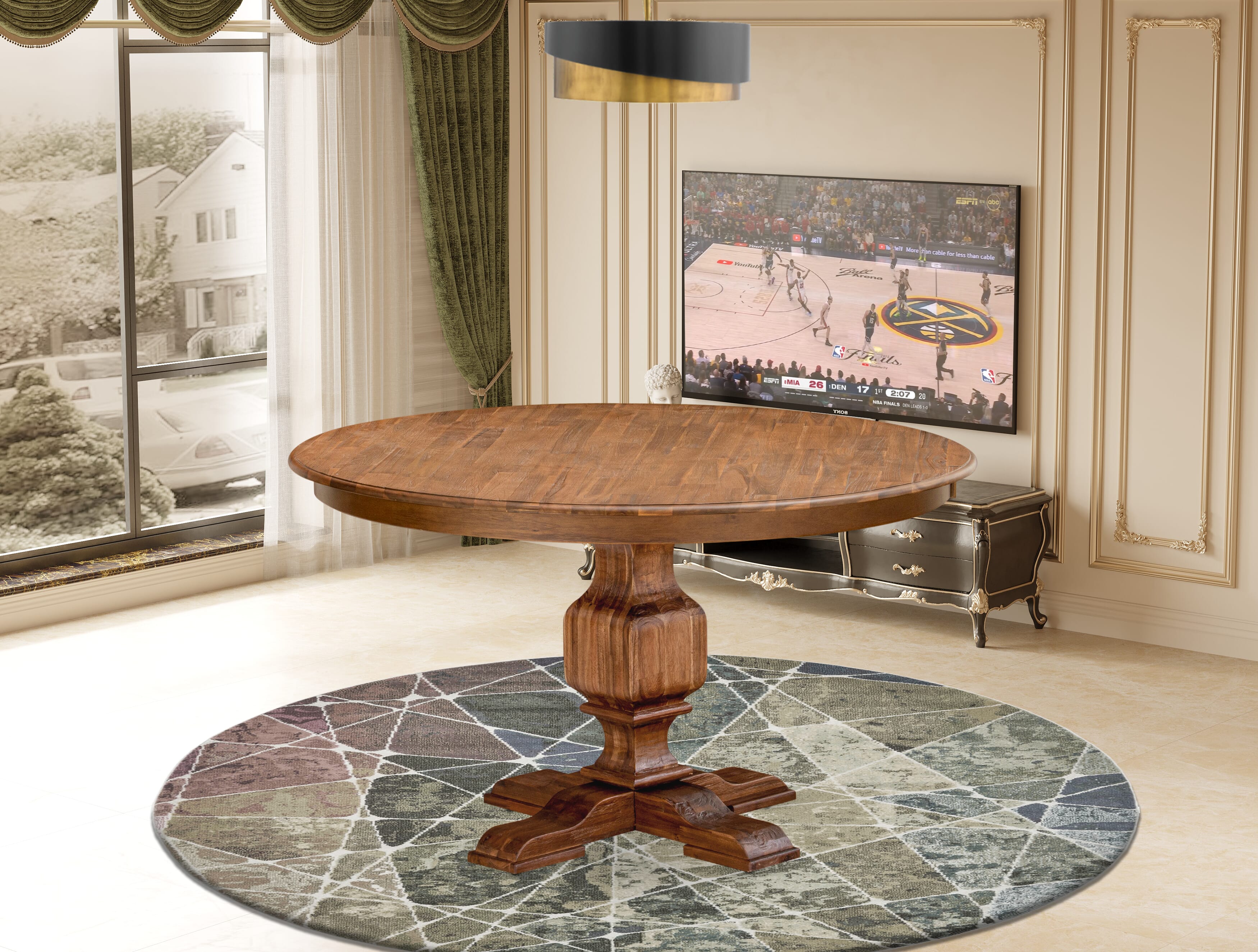 Luxe by East West Furniture F3DA5-50N-23 5-Pc Dining Room Table Set Include a Round Table and 4 Beige Red Faux Leather Parsons Chairs with Button-Tufted Back, Antique Walnut