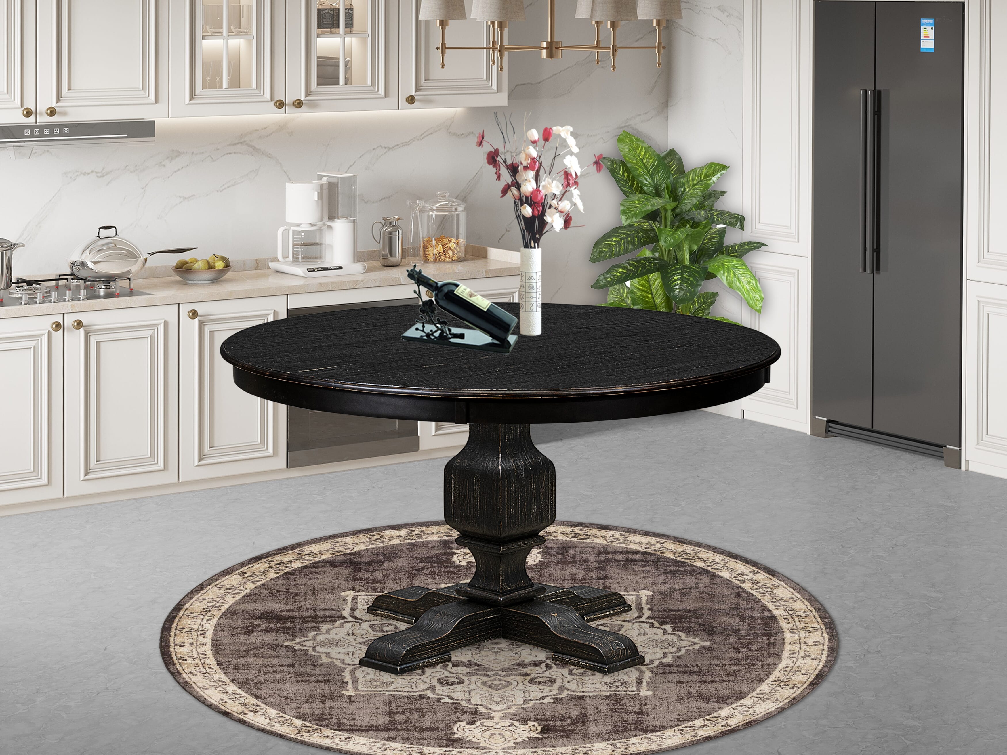 Luxe by East West Furniture - F3MA5-511-34 - 5-piece Dining Room Set consists of a Dining Table and 4 Dark Grey Polyester Fabric Mid Century Modern Chair with Button Tufted Back - Sand Blasting Black