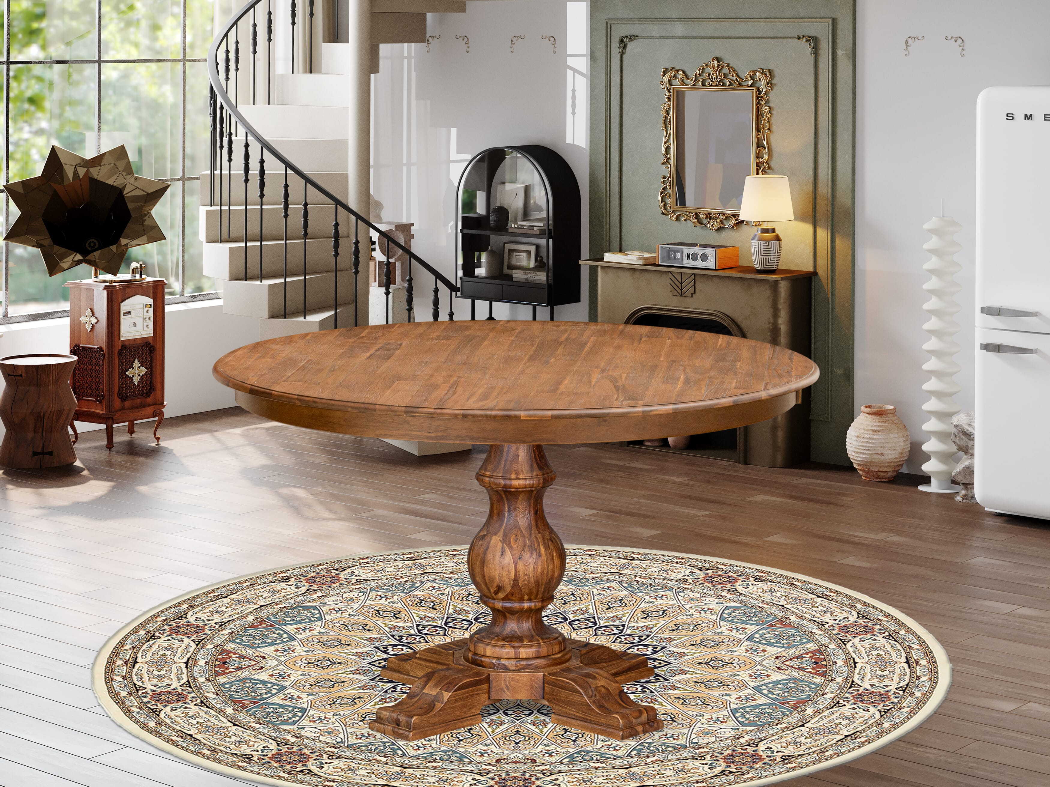 Luxe by East West Furniture F5VE7-50N-24 7 Piece Kitchen Table Set Includes a 54" Round Table with Pedestal and 6 Black Linen Fabric Upholstered Chairs, Antique Walnut