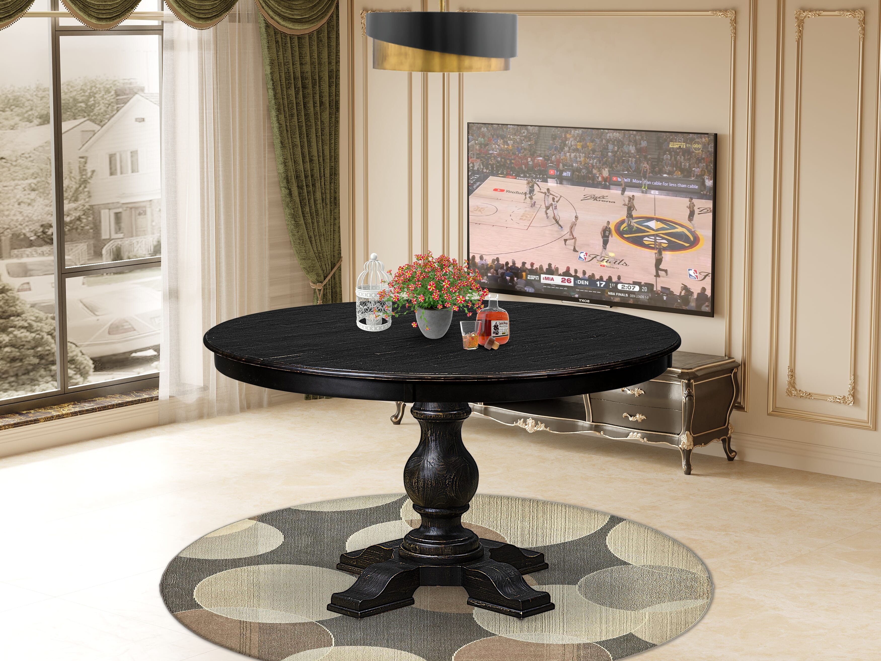 Luxe by East West Furniture F5DA5-511-12 5-Piece Dining Room Set with Faux Leather 4 Dark Gray Kitchen chairs, Button-Tufted Backs, and a 54"Round Table in Sand Blasted Black Finish.