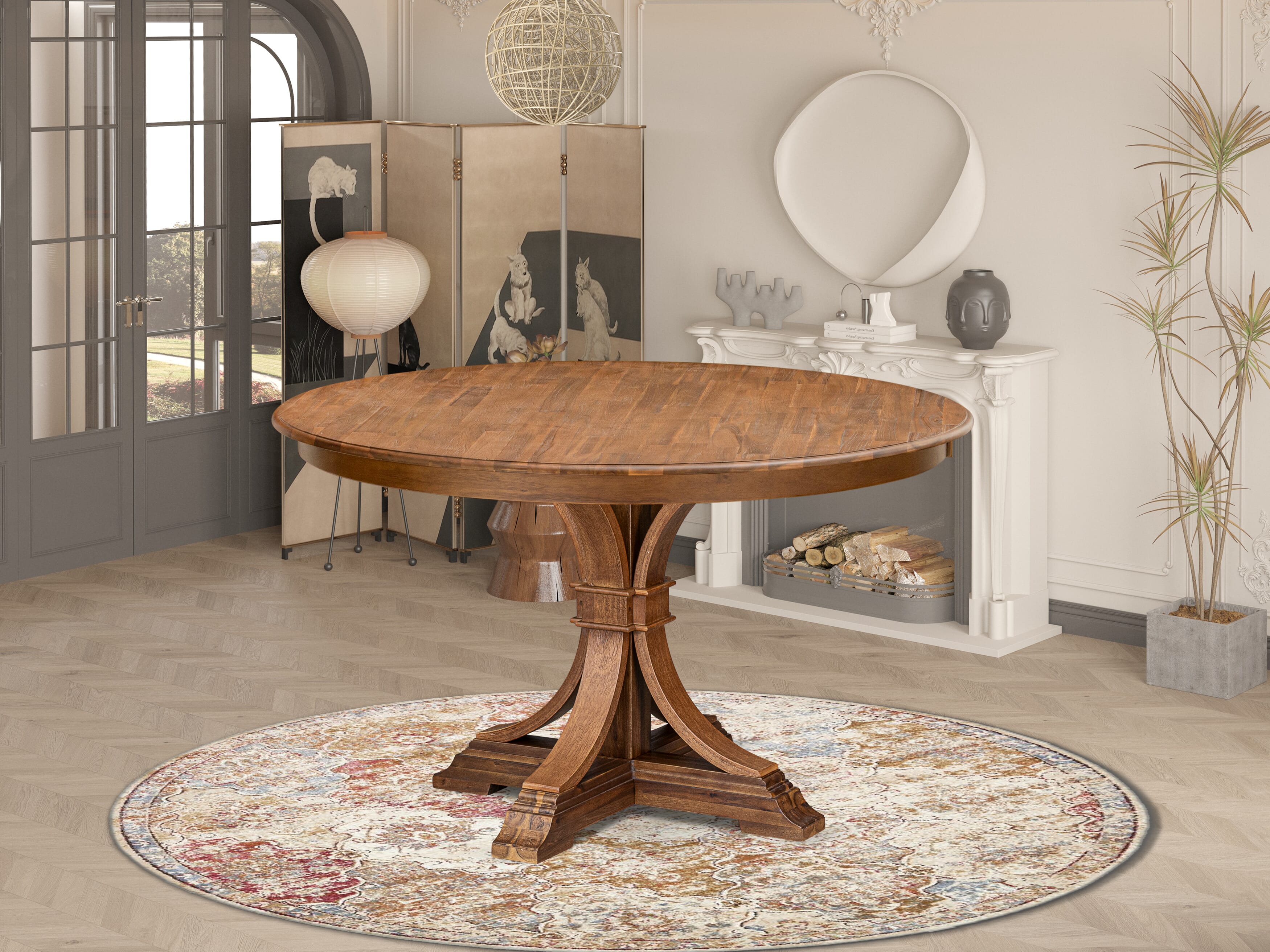 Luxe by East West Furniture F7MZ5-50N-04 5-Pc Dining Table Set Includes a Pedestal Dinner Table and 4 Light Tan Linen Fabric Parson Chairs with Padded Back- Antique Walnut