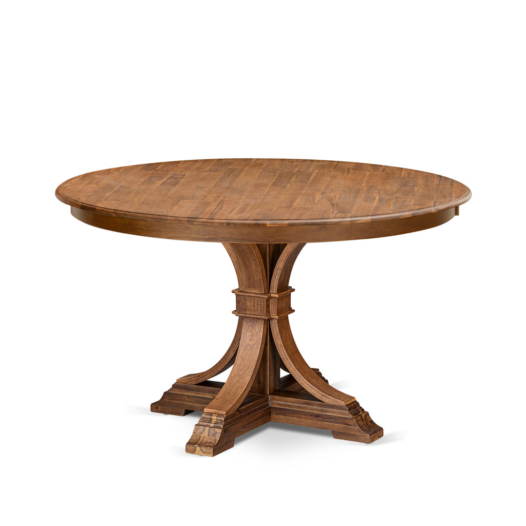Luxe by East West Furniture F7DA7-50N-32 7-Piece Kitchen Table Set with Linen Fabric 6 Light Beige Kitchen chairs, Button-Tufted Backs, and a 54"Round Breakfast Table in Antique Walnut Finish.