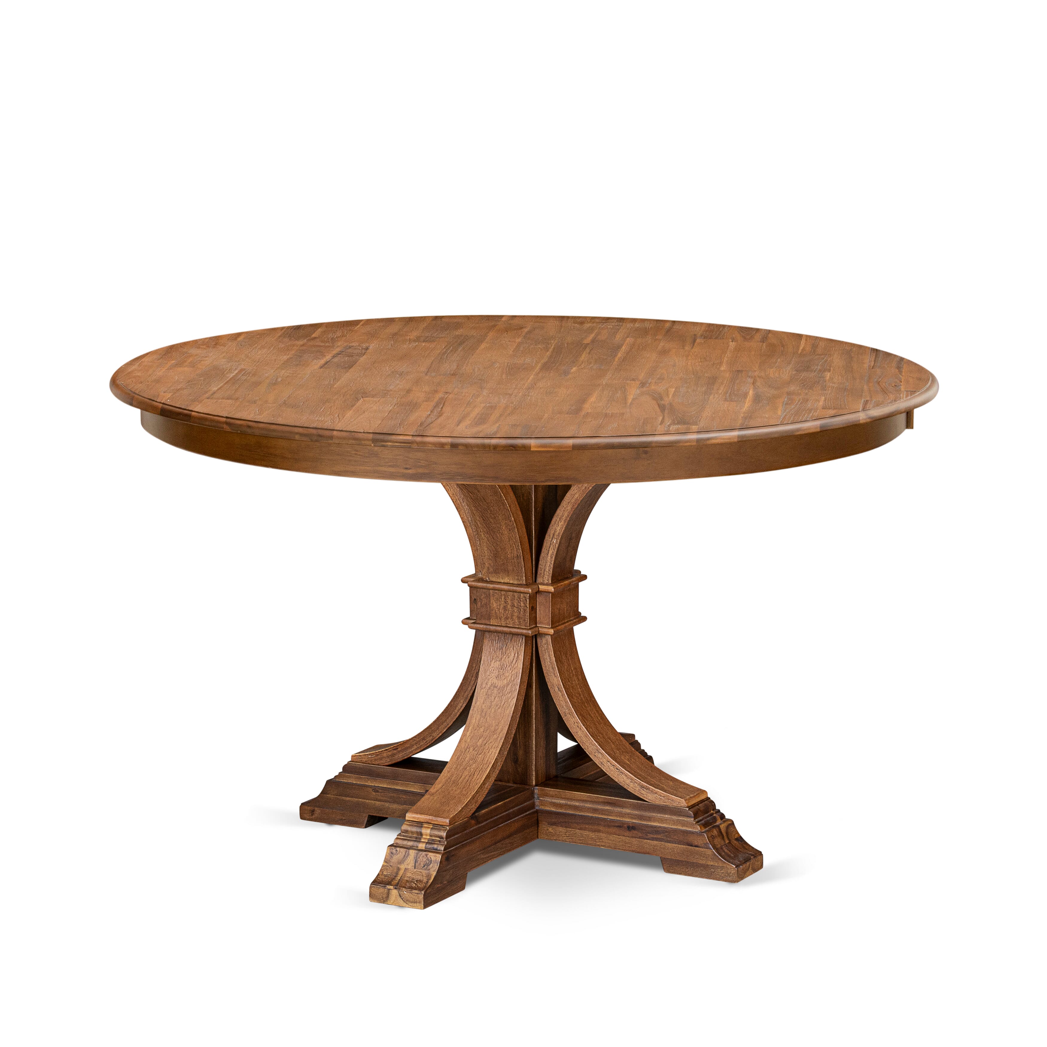 Luxe by East West Furniture F7MZ7-50N-04 7-Pc Kitchen Table Set consists of a Pedestal Kitchen Table and 6 Light Tan Linen Fabric Chairs with Padded Back- Antique Walnut