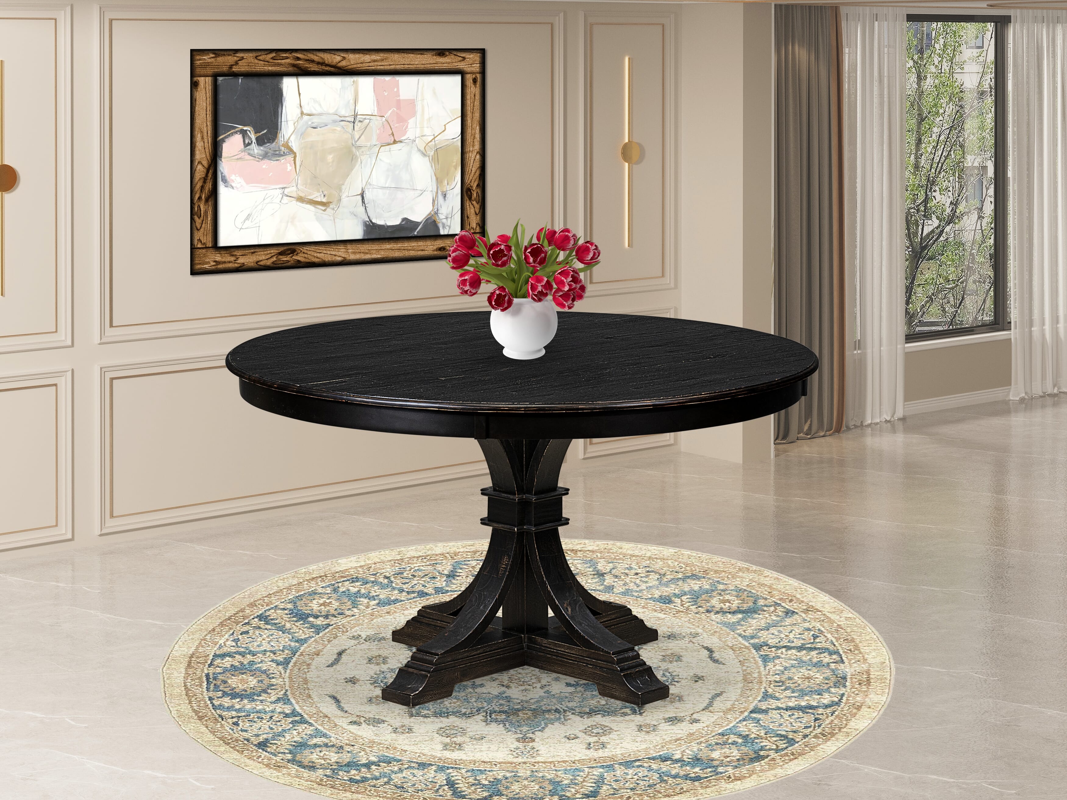 Luxe by East West Furniture - F7MA7-511-34 - 7-piece Dining Table Set consists of a Dining Table and 6 Dark Grey Polyester Fabric Dining Chairs with Button Tufted Back - Sand Blasting Black Finish