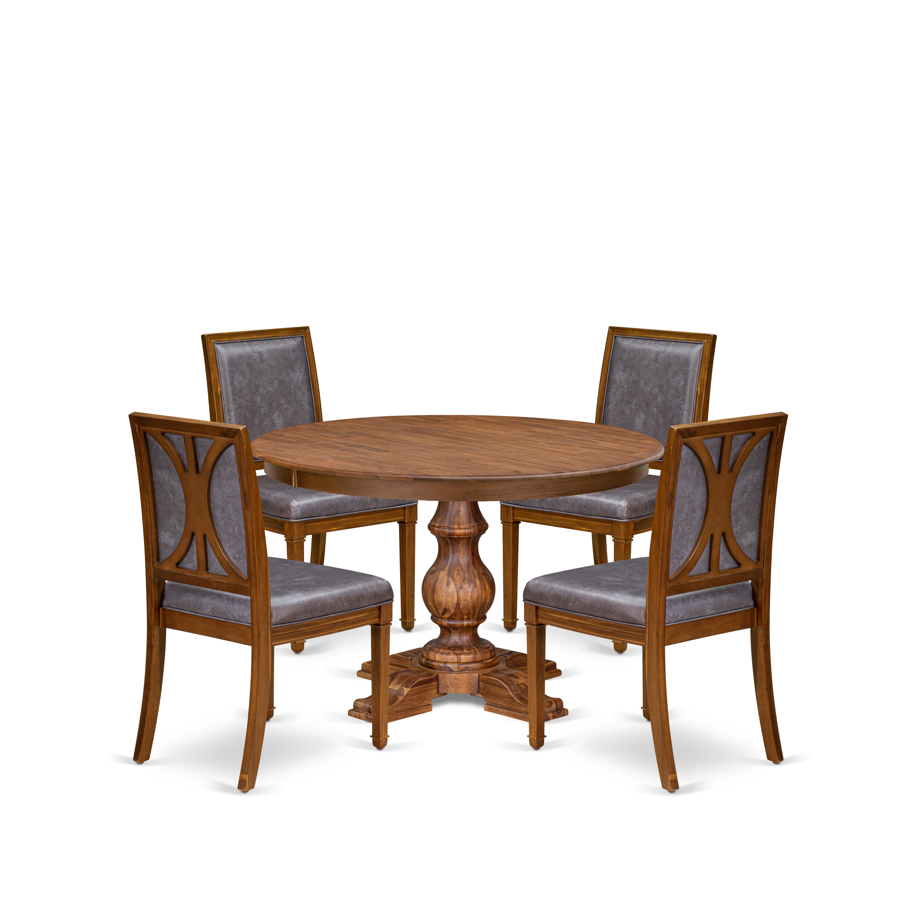 Luxe by East West Furniture F5AM5-40N-34 5-Piece Dining Set includes a round table top with a stylish pedestal and 4 Pu leather Dark Gray Parson chairs with high backs - Antique Walnut
