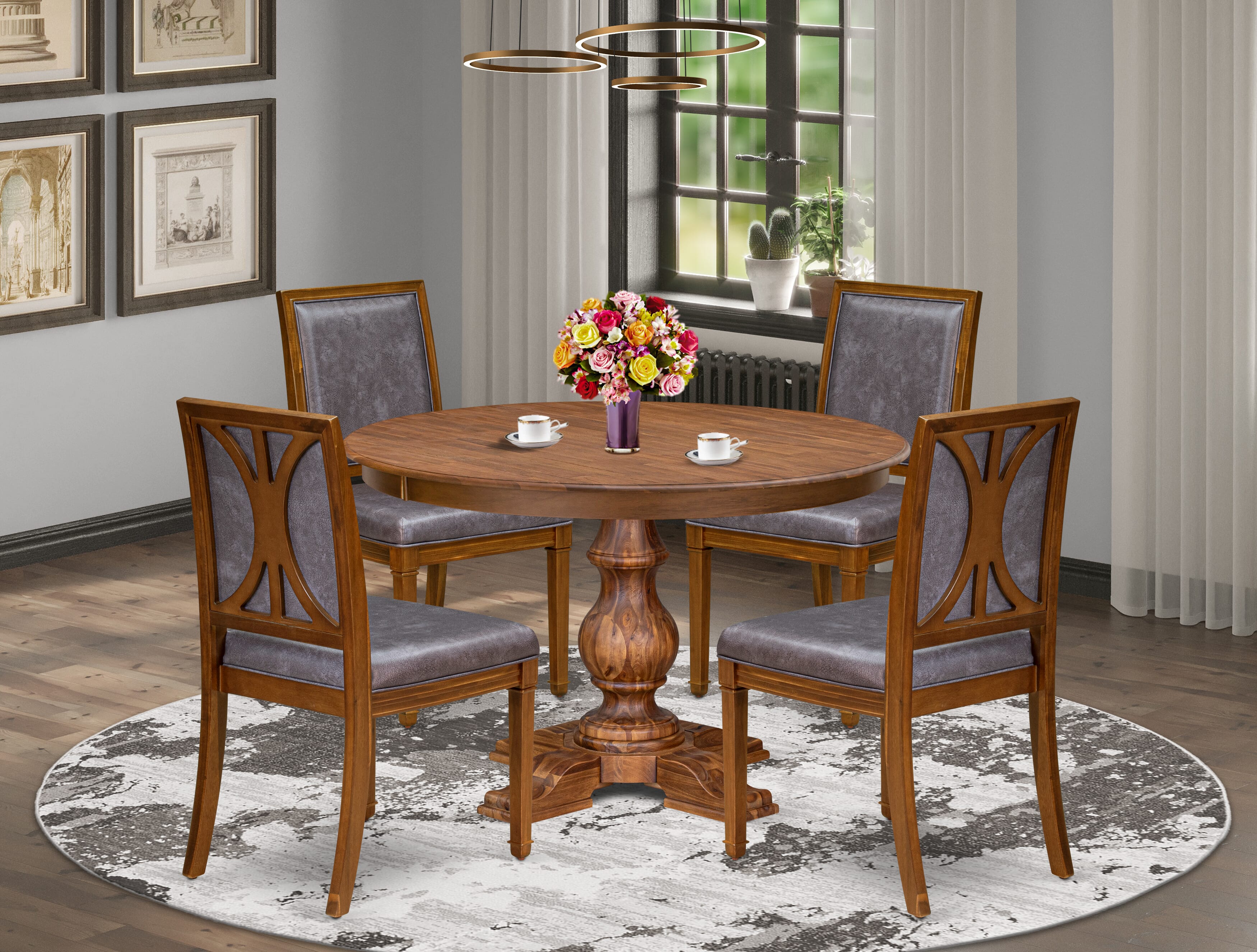 Luxe by East West Furniture F5AM5-40N-34 5-Piece Dining Set includes a round table top with a stylish pedestal and 4 Pu leather Dark Gray Parson chairs with high backs - Antique Walnut